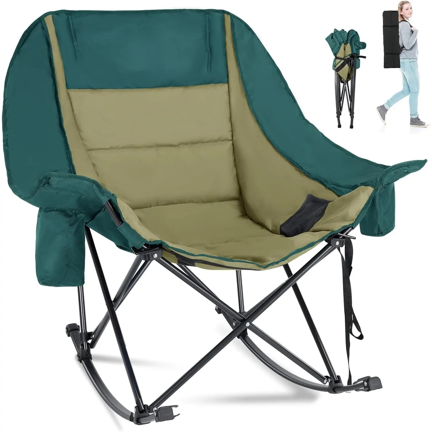 Oversized Folding Rocking Camping Chair, Fully Padded Outdoor Lounge Chair with Built‑in Cooler & Side Pocket, Heavy‑Duty Supports up to 400 lbs for Camping & Patio Use