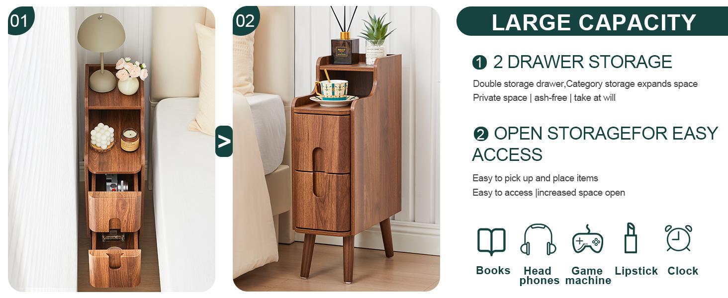 FurSch Narrow Wooden End Table with 2 Drawers, Small Nightstand for Bedroom, Compact Vintage Side Table for Living Room or Small Spaces