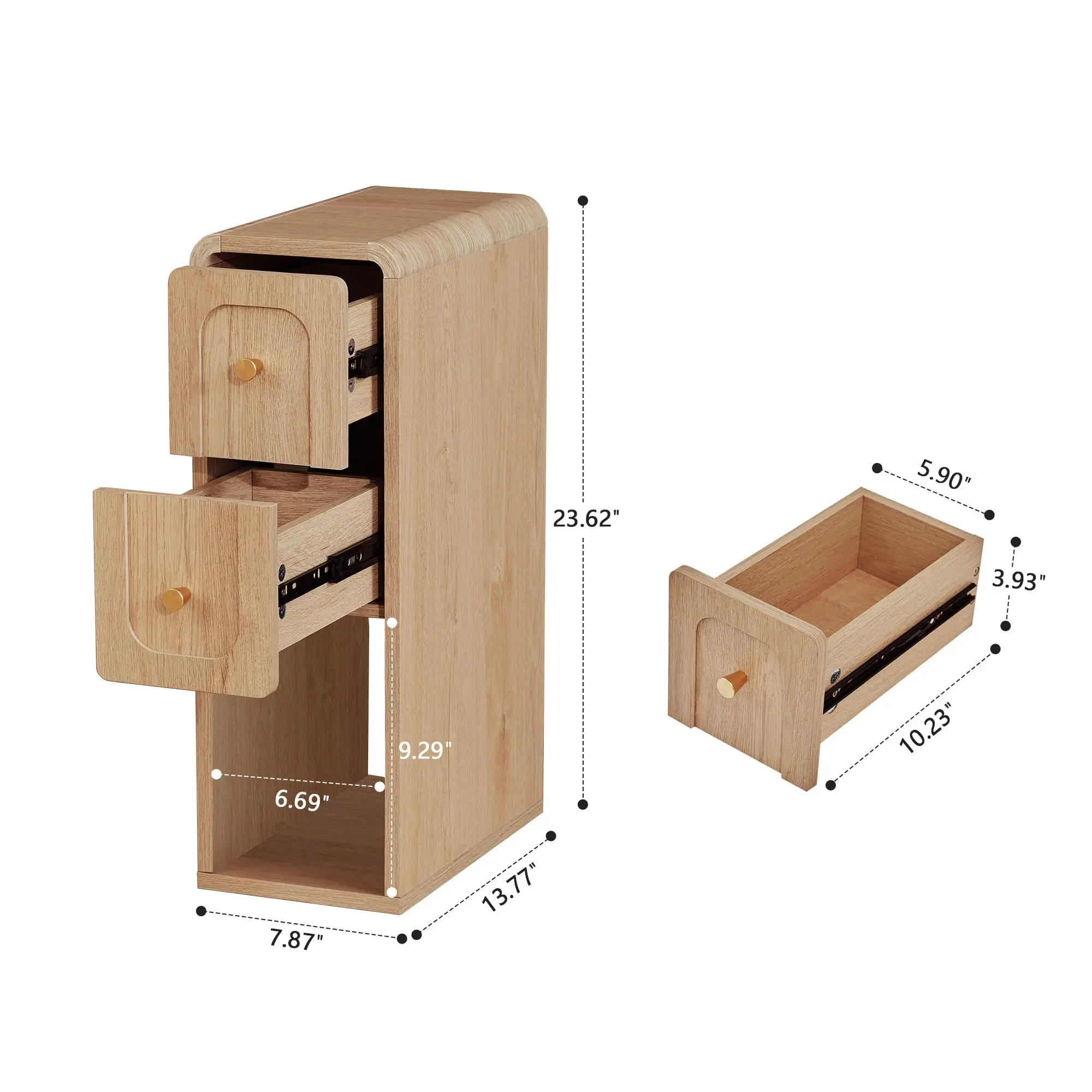 23.62" Narrow Bedside Table, Mid‑Century Modern Small Wooden Nightstand with 2 Drawers, Storage End Table for Small Spaces, Bedroom & Living Room