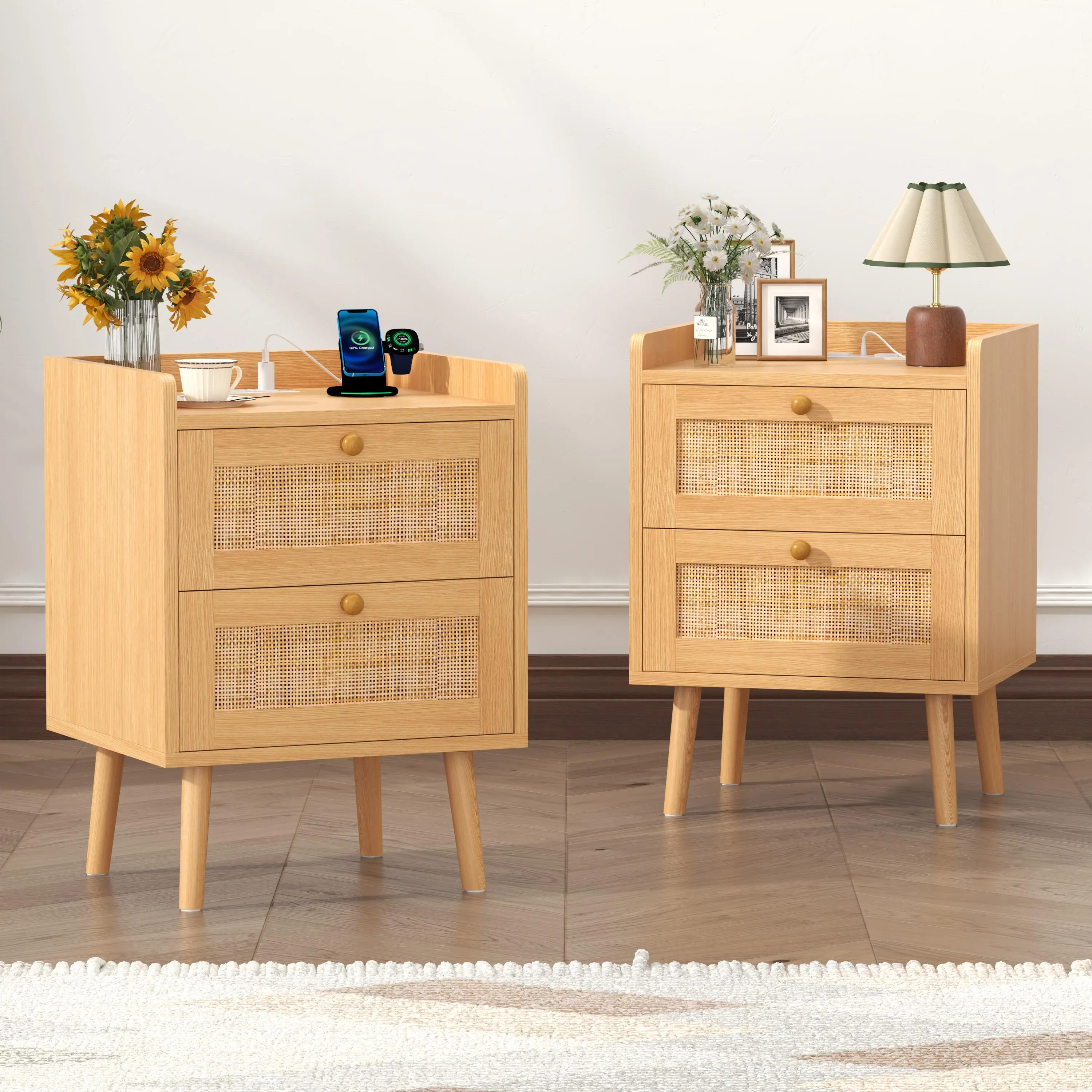 Wooden Nightstand with 2 Drawers, Boho Bedside Side Table with Charging Station, Modern Bedside Cabinet for Bedroom, Living Room & Dorm Room, Home Decor Furniture