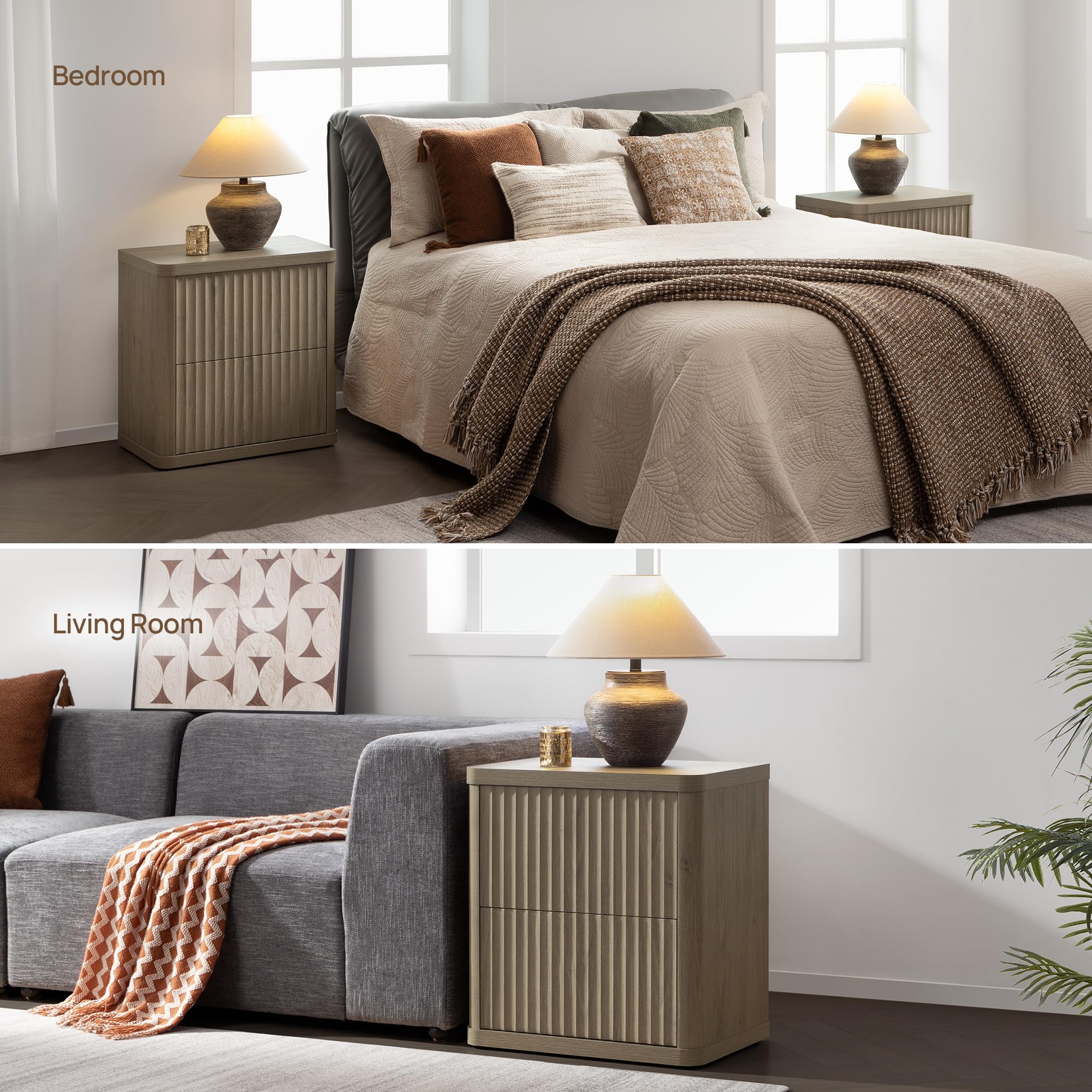 SICOTAS Set of 2 Wood Nightstands - 22.75" Wide Contemporary End Tables, Fluted Modern Bedside Table Cabinets with 2 Large Handleless Drawers, Curved Edges for Bedroom Small Spaces Furniture, Bedside Table Cabinet