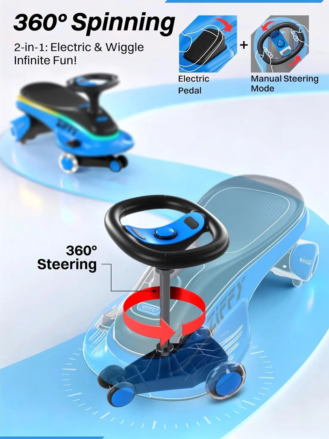 ZIFFY 45W 5.5A Light-Up Electric Wiggle Car with Pedal, Rechargeable Battery, 2-in-1 Swing Car, 2 Speed Ride-On Toy, Anti-Rollover, Flashing Wheels for Ages 3+ (Up to 110 lbs)