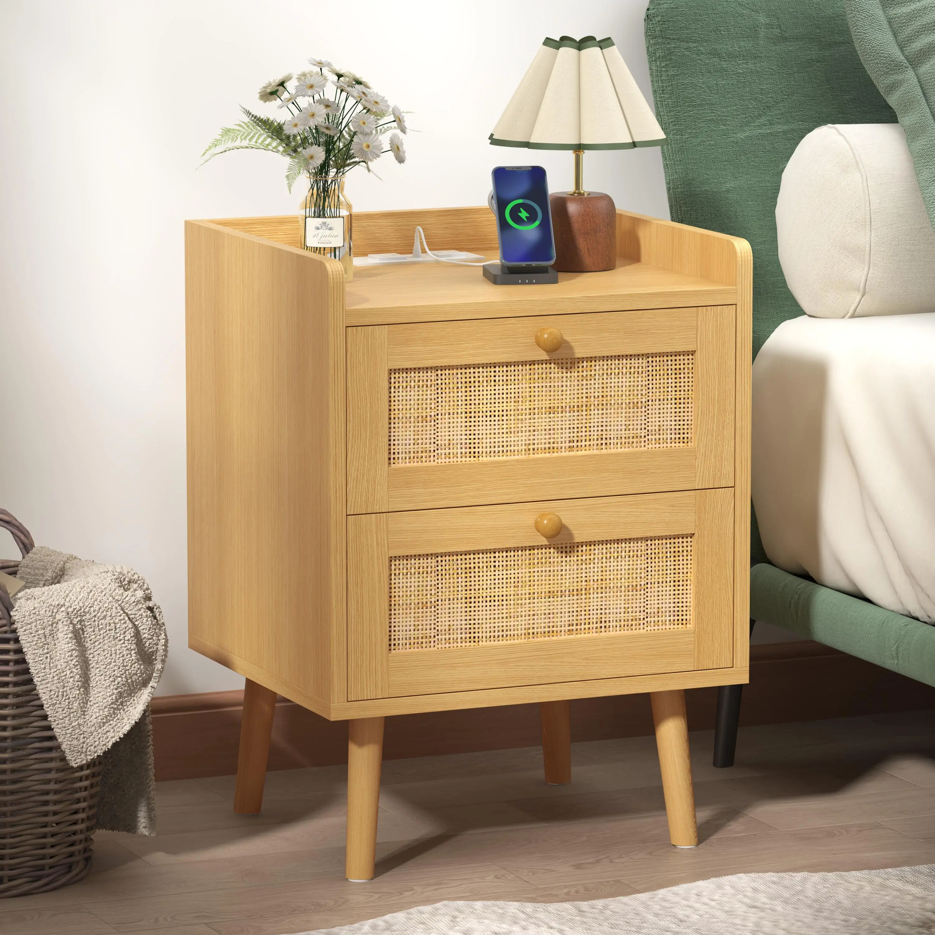 Wooden Nightstand with 2 Drawers, Boho Bedside Side Table with Charging Station, Modern Bedside Cabinet for Bedroom, Living Room & Dorm Room, Home Decor Furniture