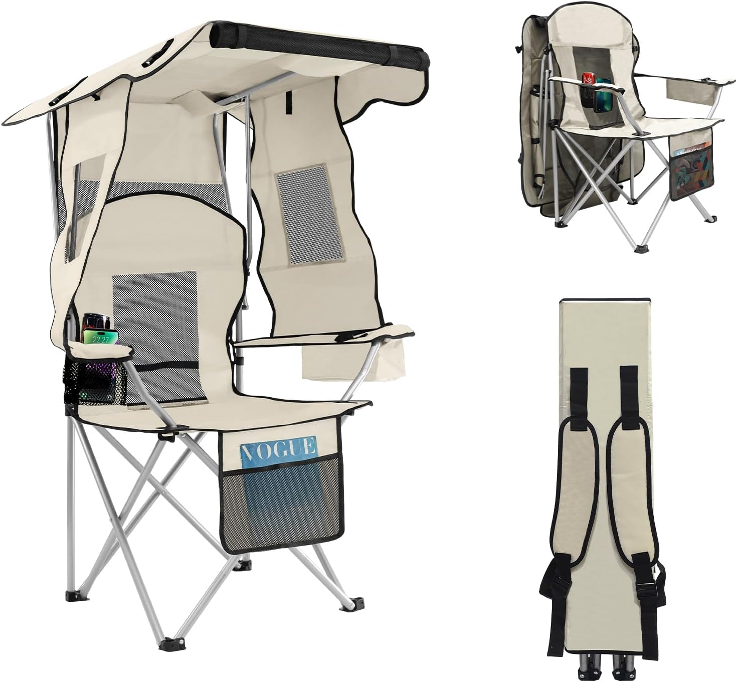 HULIABU Folding Canopy Camping Chair, Single & 2-Person Outdoor Loveseat with UPF 50+ Sun Shade, Portable Backpack Chair with Cooler & Storage for Beach, Camping & Picnic