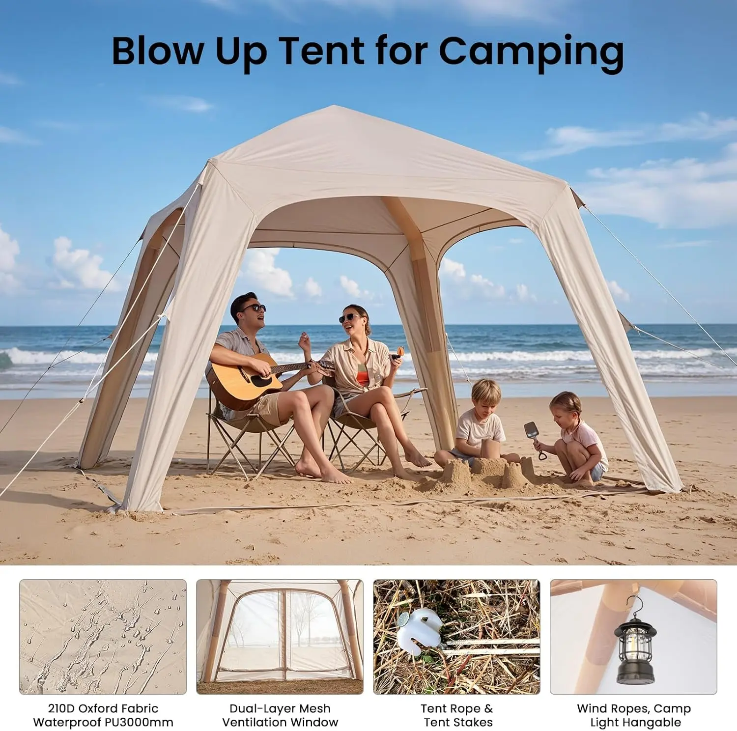 DoCred Large Inflatable Camping Tent with Pump, Glamping Tents with Stove Jack, Easy Set up 4 Season Waterproof Windproof Outdoor Gazebo, Luxury Cabin Tent with Removable Mesh Windows & Doors for Beach, Backyard, Sleepovers, Camping