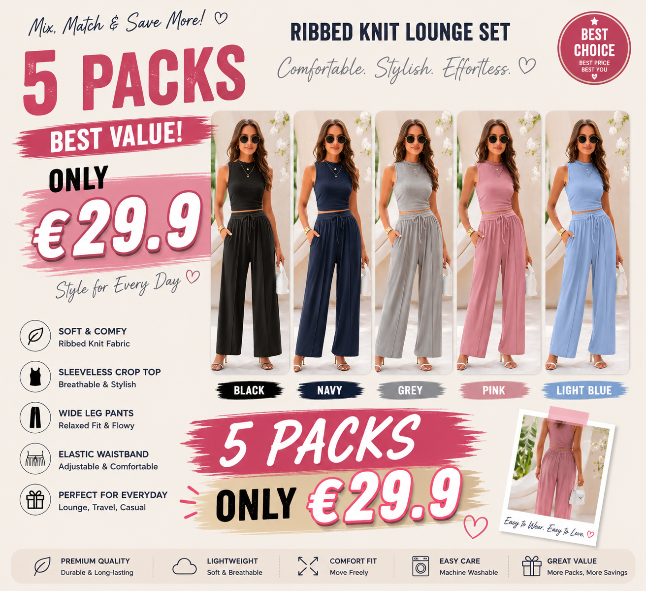 Women's Summer 2-Piece Outfits Ribbed Knit Lounge Sets