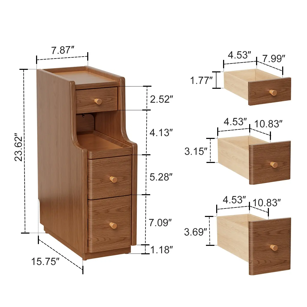 Solid Wood Fully Assembled Nightstand | 3-Drawer Slim Bedside Table, Quiet Glide, Modern Bedroom