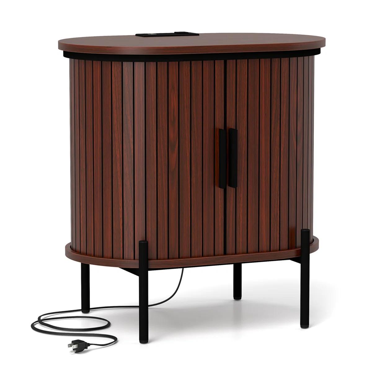 EBELLO Chic Mid-Century Oak Wood Nightstand Bedside Table - Wooden Tabletop Bedroom Home Decor, Fluted Door, Tambour Design, Charging Port, Storage, Easy Assembly Required, Small Space Apartment Furniture, Holiday Fast Delivery, Fast Christmas Delivery