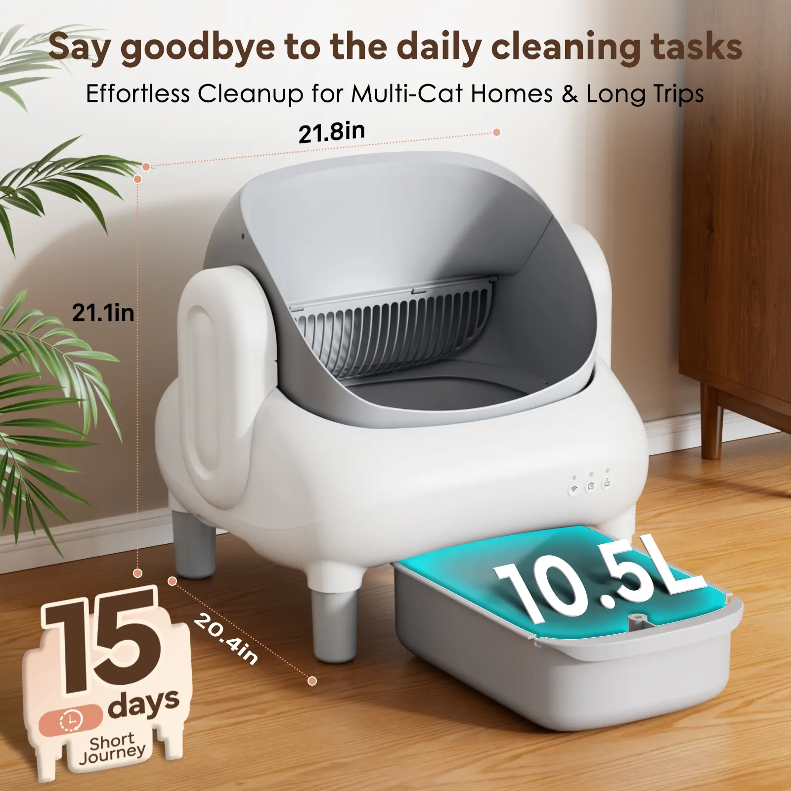 FUMOI Automatic Litter Box for Multi-Cat Homes - Open-Top Auto Cleaner, APP Control, Safety Sensors, Odor Lock, 10.5L Large Waste Bin (2.4G WiFi Only)