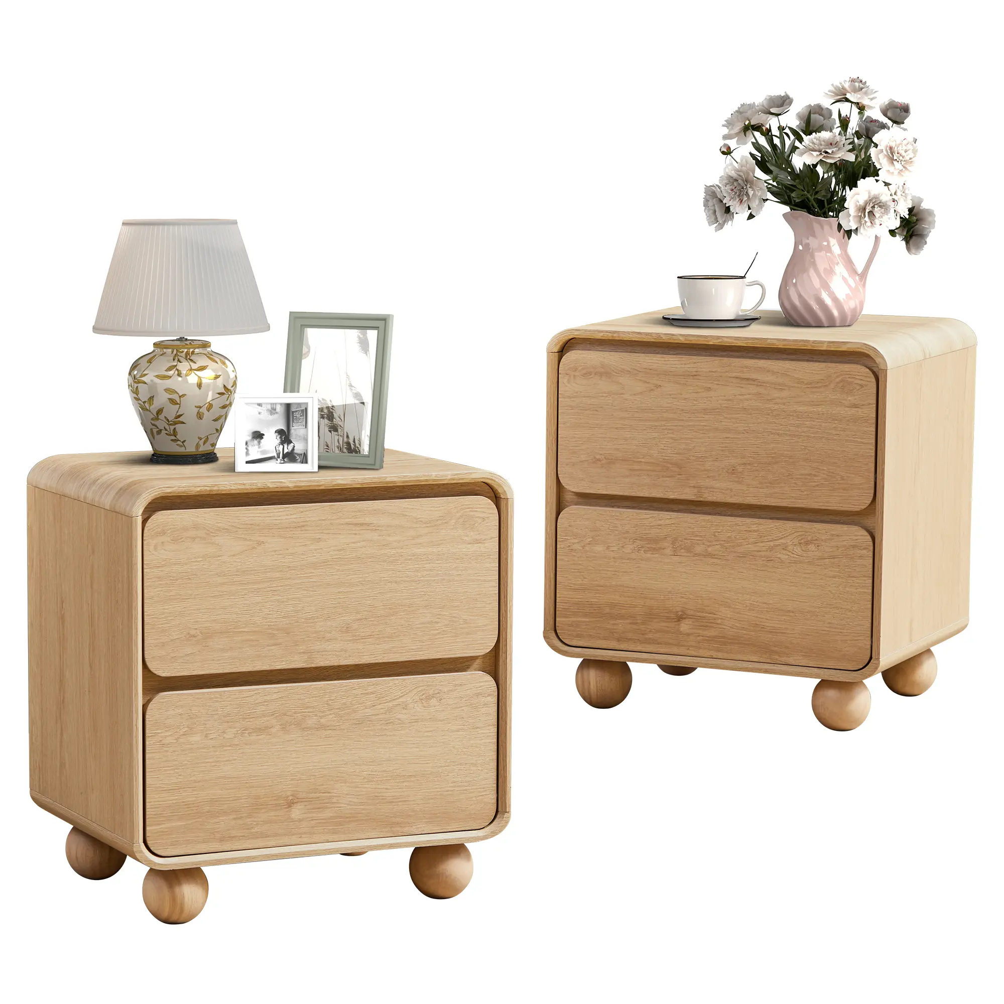 Mid‑Century Modern Nightstand with 2 Drawers, Solid Wood Legs & Curved Profile, Compact Side Table for Small Spaces, Dorms & Bedrooms