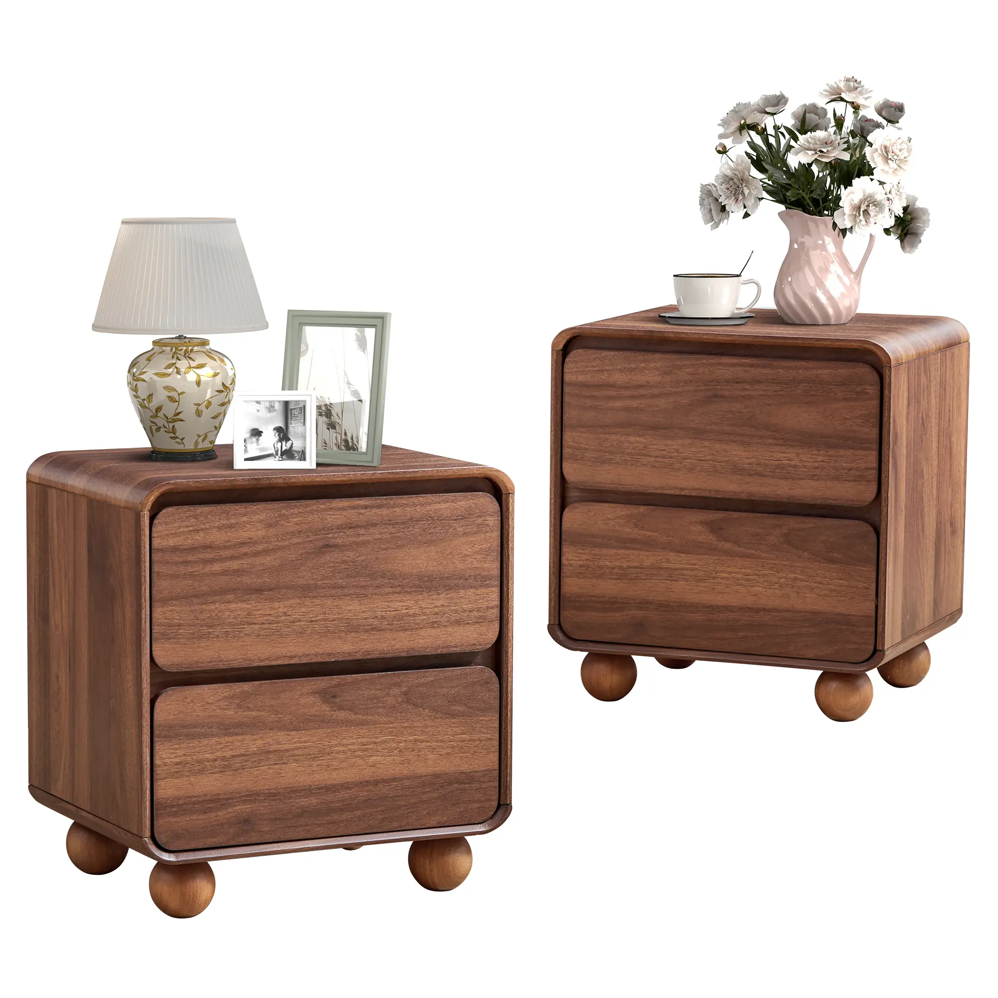 Mid‑Century Modern Nightstand with 2 Drawers, Solid Wood Legs & Curved Profile, Compact Side Table for Small Spaces, Dorms & Bedrooms