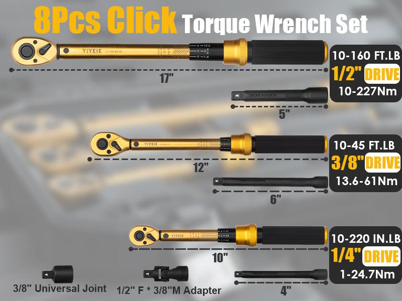 YIYEIE1/4 3/8 1/2-inch Drive Click Torque Wrench, 8Pcs Torque Wrench Set 10-220in.lb, 10-45ft.lb, 10-160ft.lb with Adapters, &plusmn;3% Accuracy, 72-Tooth Dual Scale Torque Wrenches for Bike, Moto, Car Repair wrenches torque wrench