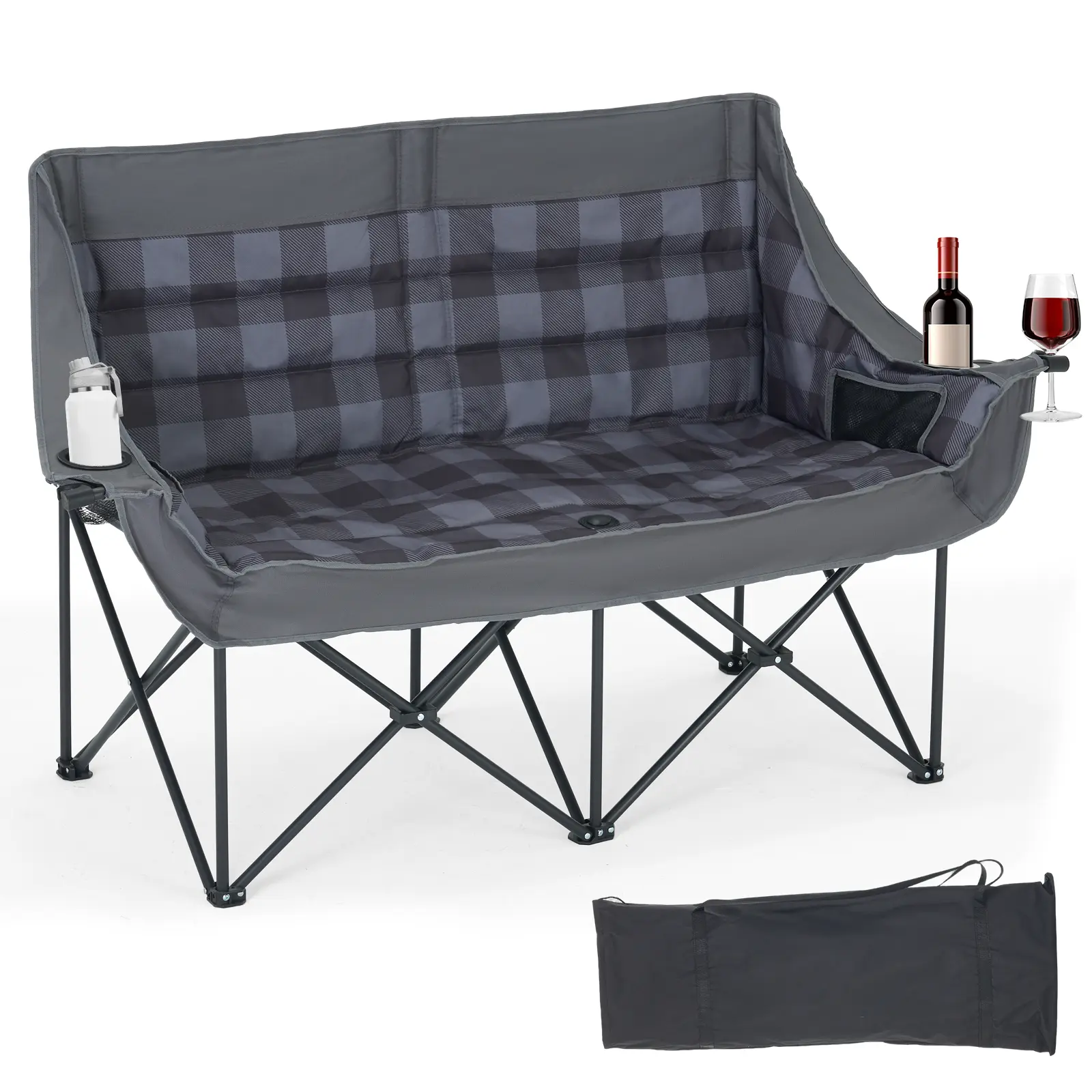 2-Person Oversized Folding Camping Loveseat, 500lbs Load Bearing Padded Outdoor Beach Chair, Portable Collapsible Oxford Fabric Chair for Garden Lawn