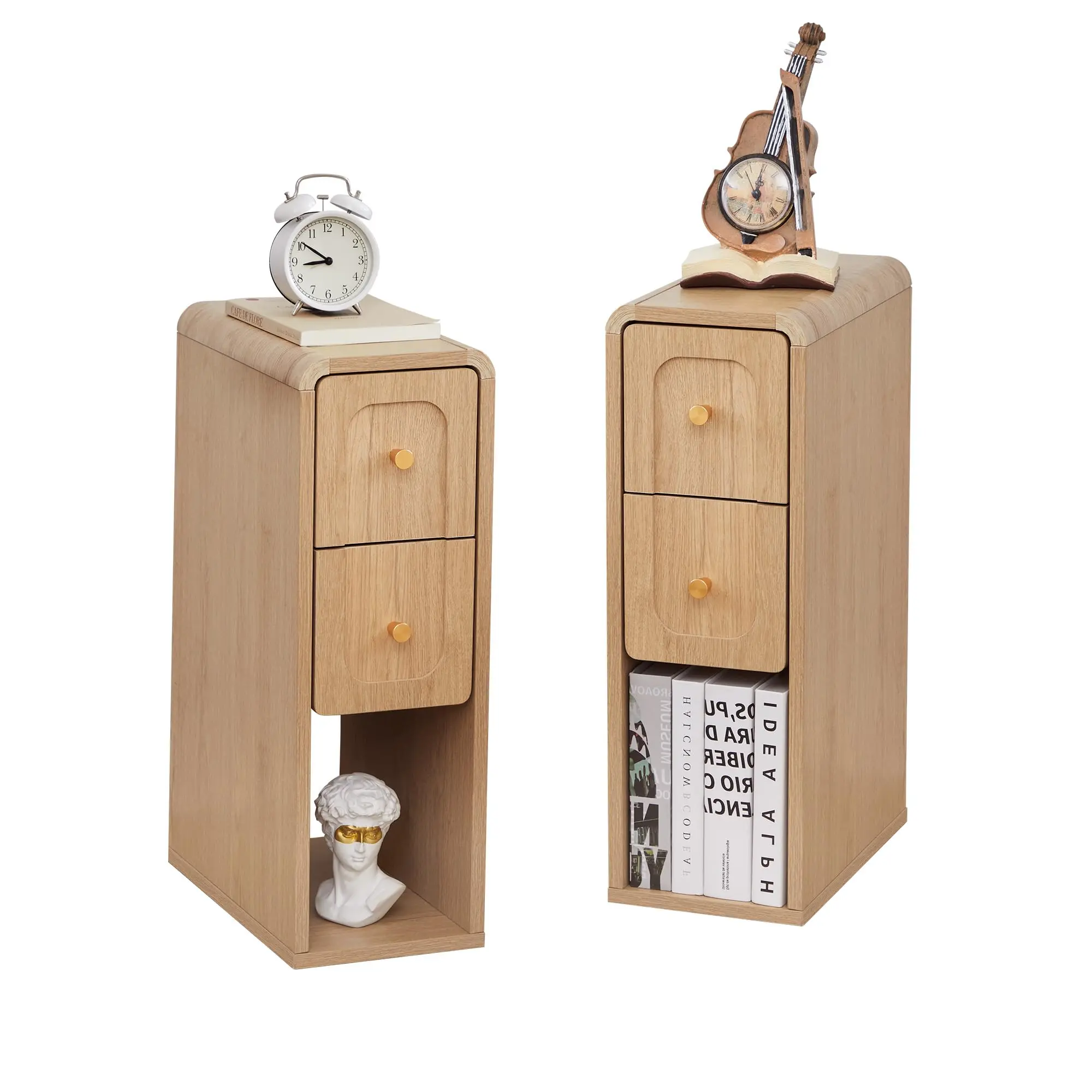 23.62" Narrow Bedside Table, Mid‑Century Modern Small Wooden Nightstand with 2 Drawers, Storage End Table for Small Spaces, Bedroom & Living Room