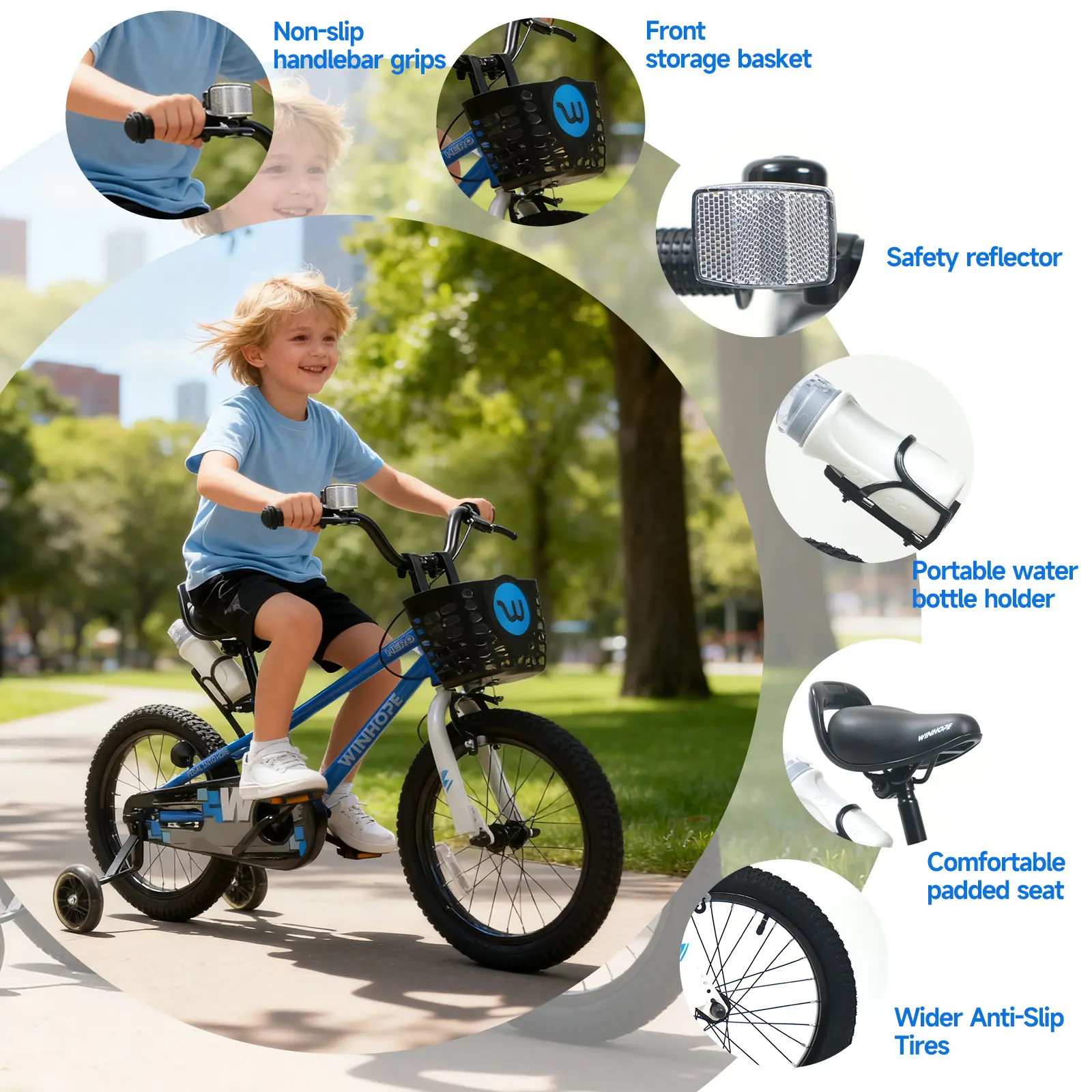 WINHOPE Hero Kids Bike for Ages 2–9 | 12–18 Inch with LED Training Wheels, Front Basket & Water Bottle Holder | 95% Pre-Assembled, Dual Brakes, Adjustable Seat & Handlebars