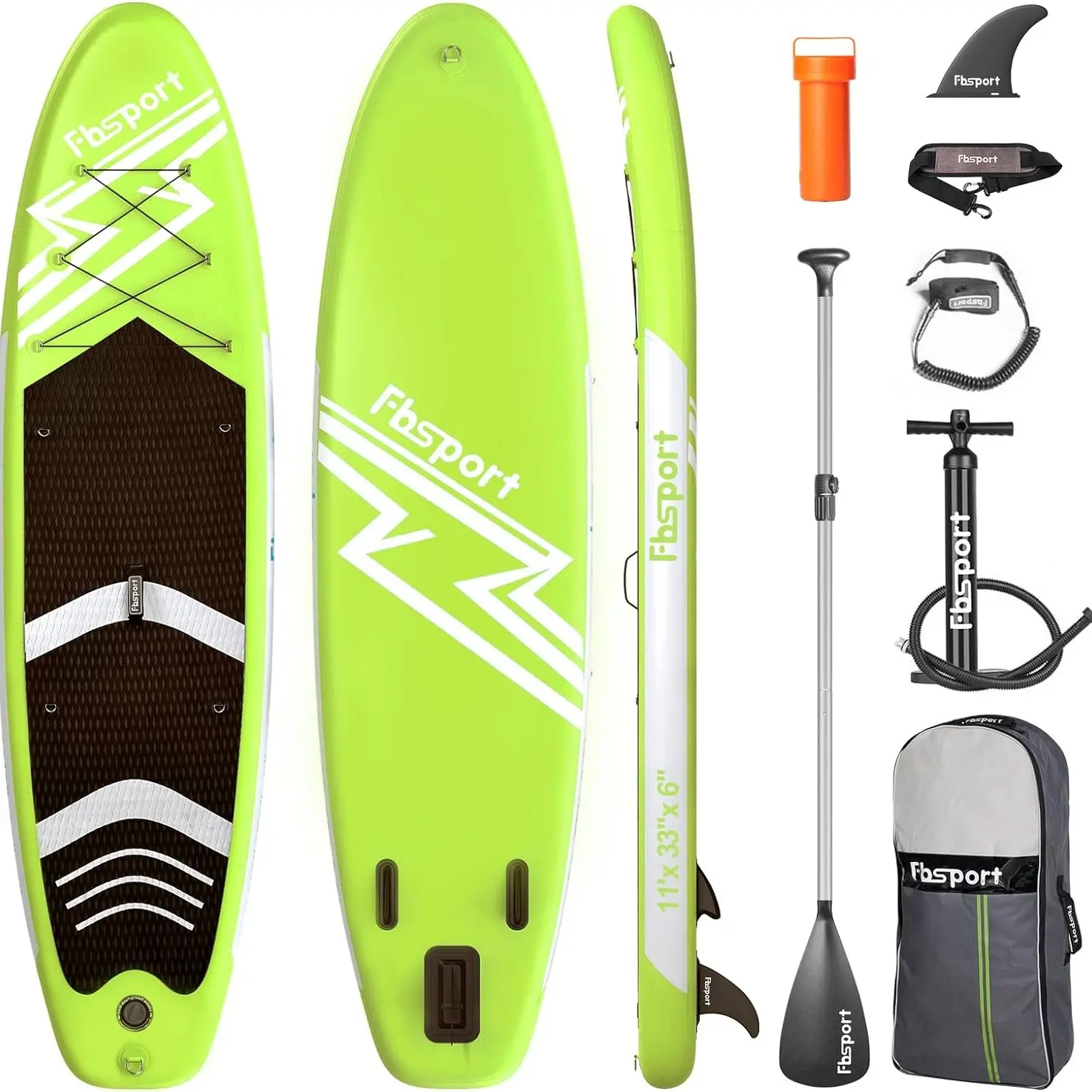 FBSPORT 11' Premium Stand Up Paddle Board, Yoga Board with SUP Accessories & Carry Bag | Wide Stance, Surf Control, Non-Slip Deck, Leash, Paddle and Pump for Youth & Adult