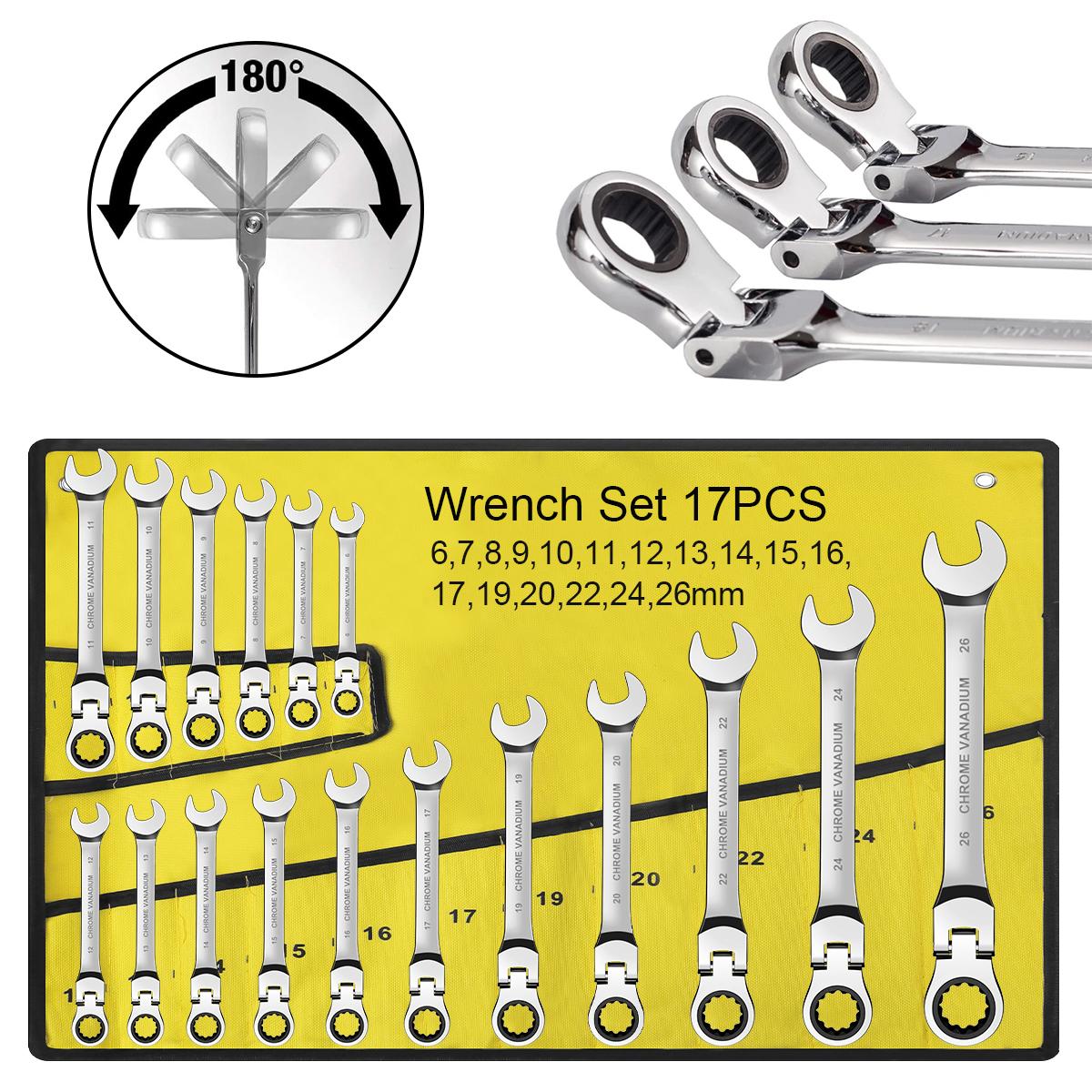 17Pcs Flexible Head Combination Wrench Set - Chrome Vanadium Steel High Torque Tool, Multifunctional Combination Spanner Kits with Off-Corner Loading, Double-Ended Flexible Extension, No Assembly for Automotive Mechanics & DIY Maintenance, Multifunctional 17Pcs Flexible Head Combination Wrench Set - Chrome Vanadium Steel High Torque Tool, Multifunctional Combination Spanner Kits with Off-Corner Loading, Double-Ended Flexible Extension, No Assembly for Automotive Mechanics & DIY Maintenance, Multifunctional
