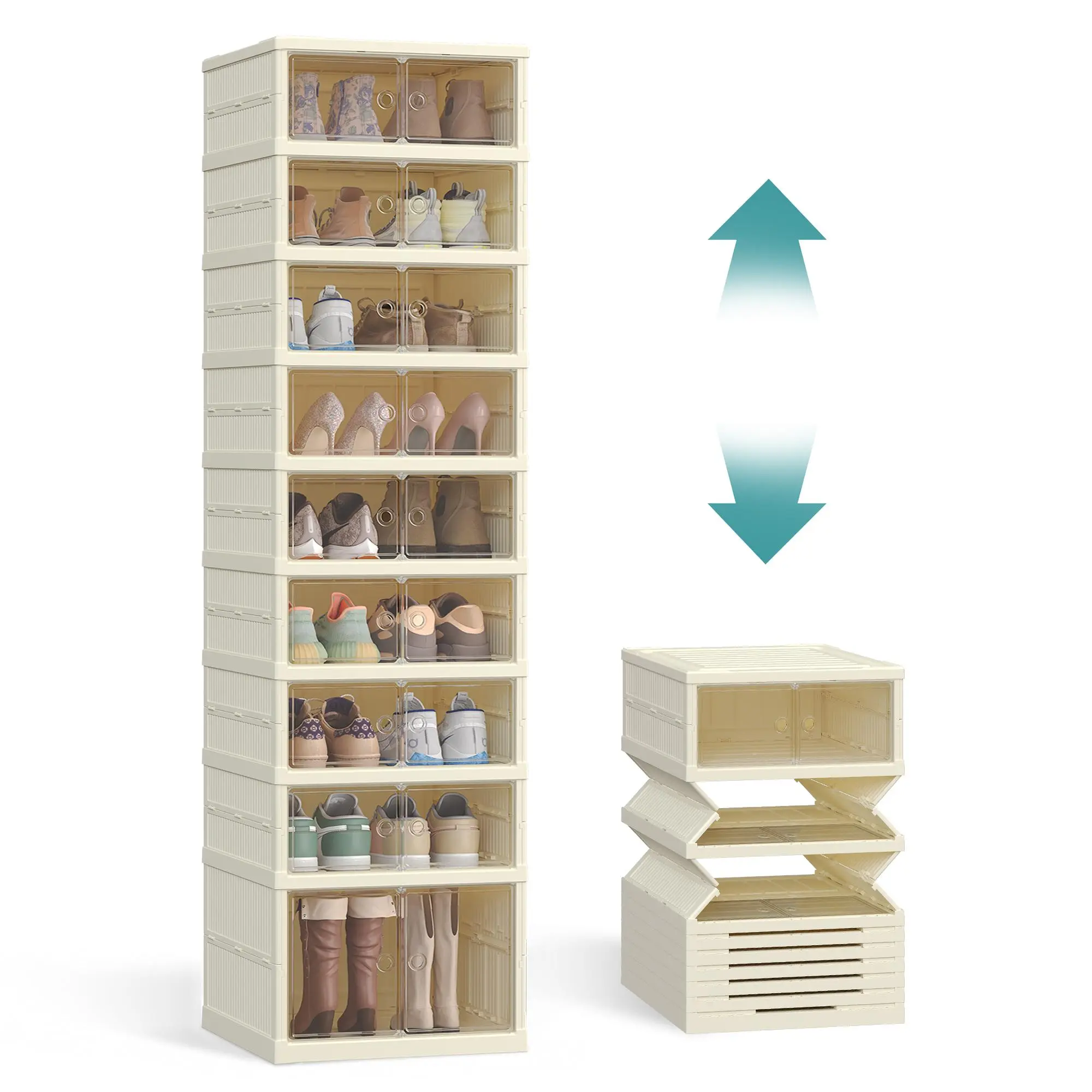 Collapsible Transparent PP Plastic Shoe Boxes - Foldable Stackable Portable 6-Cube Rack Organizer, Closet Storage for US Size 13, Ideal for Storage Organization & House Organizers, Shoe Organization