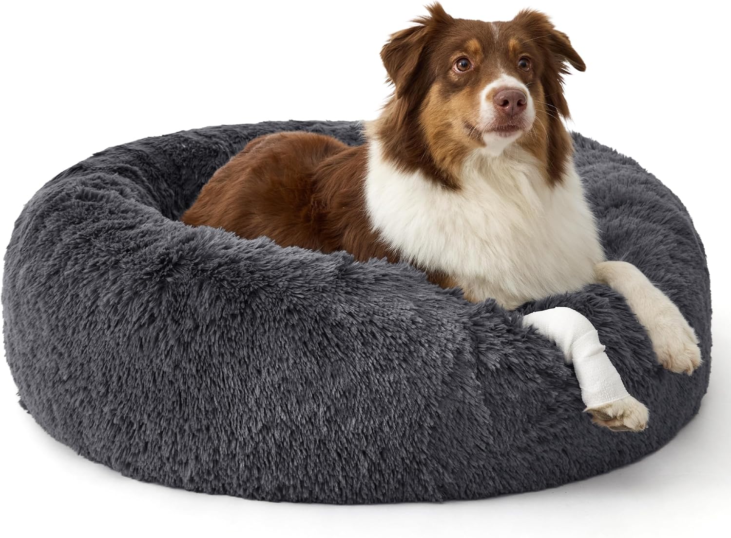 Calming Dog Beds Large Sized Dog - 36in Donut Washable Large Pet Bed,Anti-Slip &Removable Cover,420GSM Round Anti-Anxiety Fluffy Plush Faux Fur Bed, Fits u