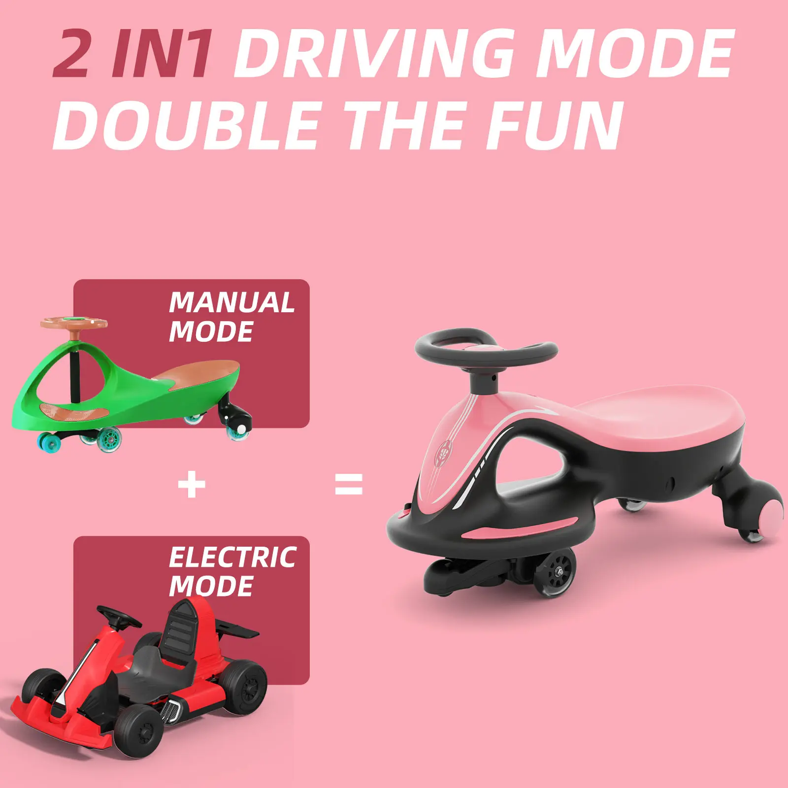 12V Electric Wiggle Car 2 in 1 Ride On Toy, Rechargeable Battery with Colorful Light-Emitting Wheel for Kids Gift