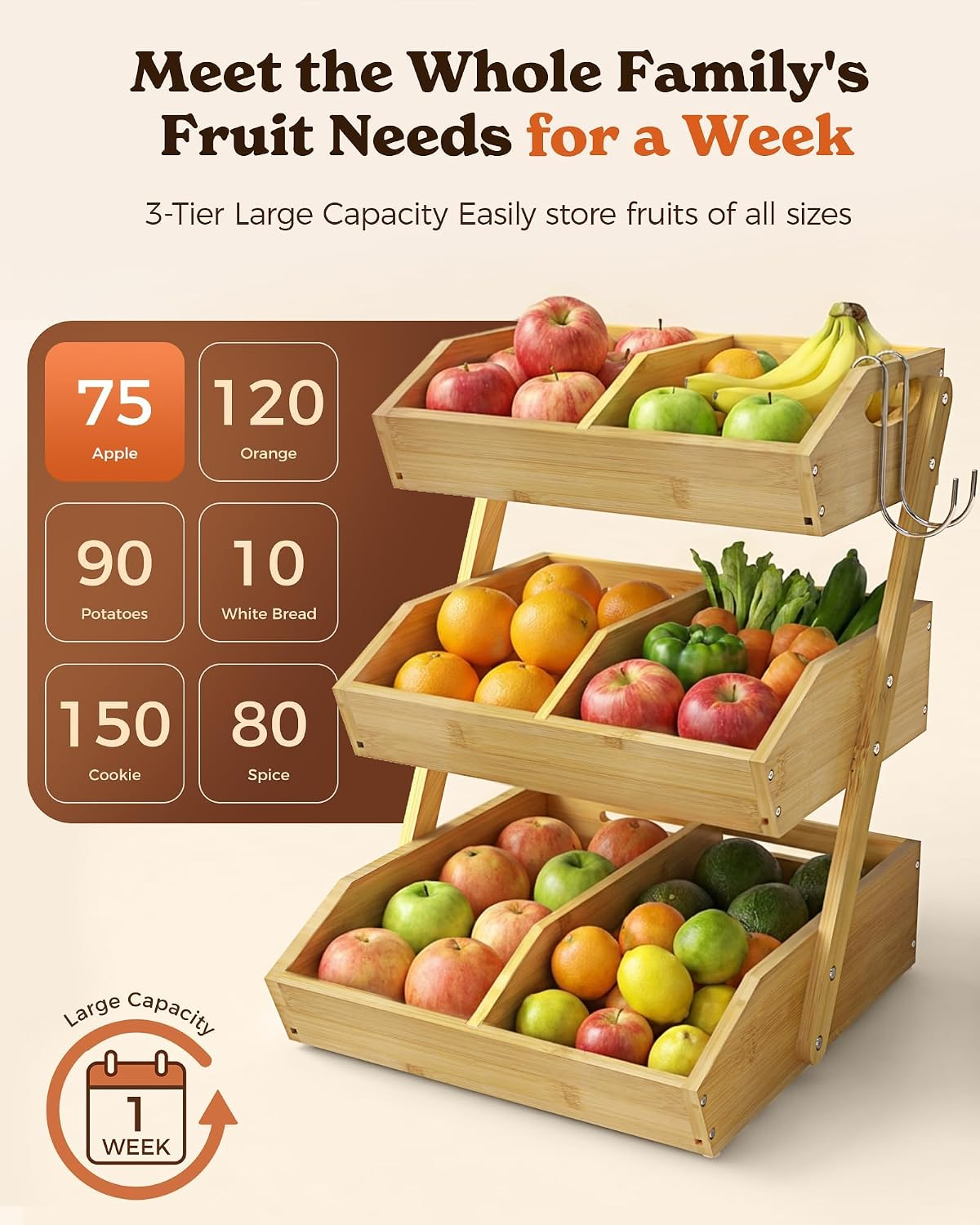 3-Tier Bamboo Fruit & Vegetable Organizer with 2 Banana Holders, Space-Saving Kitchen Countertop Storage
