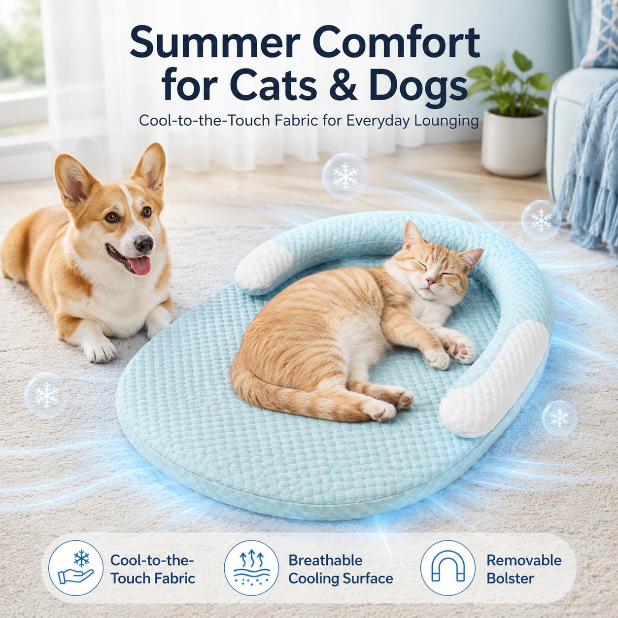 KittyDine Cooling Kitten Bed for Small Dogs & Cats - Cool-to-the-Touch Mat, Detachable U-Shaped Bolster, Polyurethane Foam Cushioned Base, Machine Washable Cover, Non-Slip Bottom