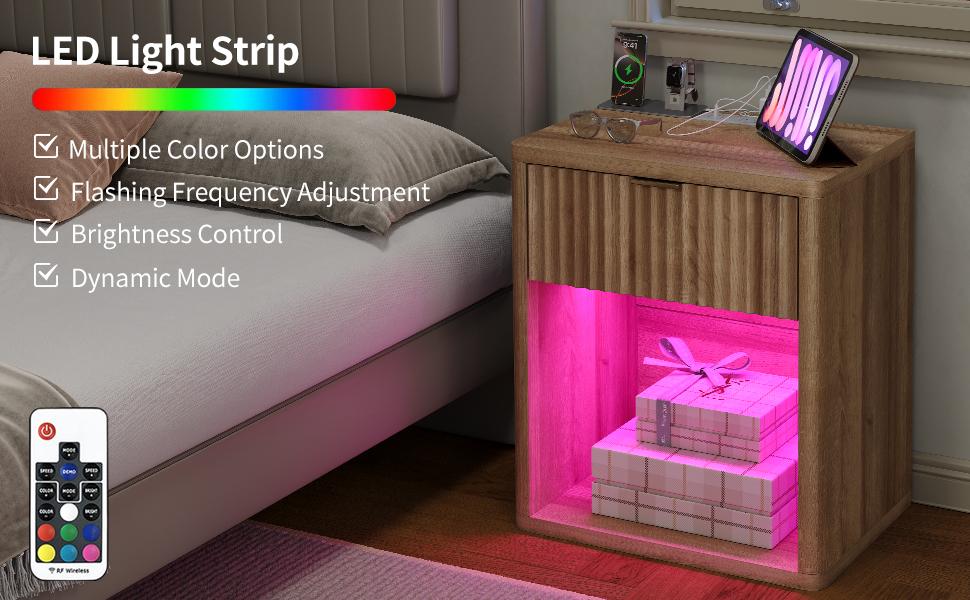 FUSOU Oak Bedside Cabinet Nightstand with Charging Station, Large LED Side Table with Adjustable Lighting Modes, Drawer & Storage Shelf, Modern Wood End Table for Home Bedroom, Living Room Decor, House Decor,dorm essentials,home decor