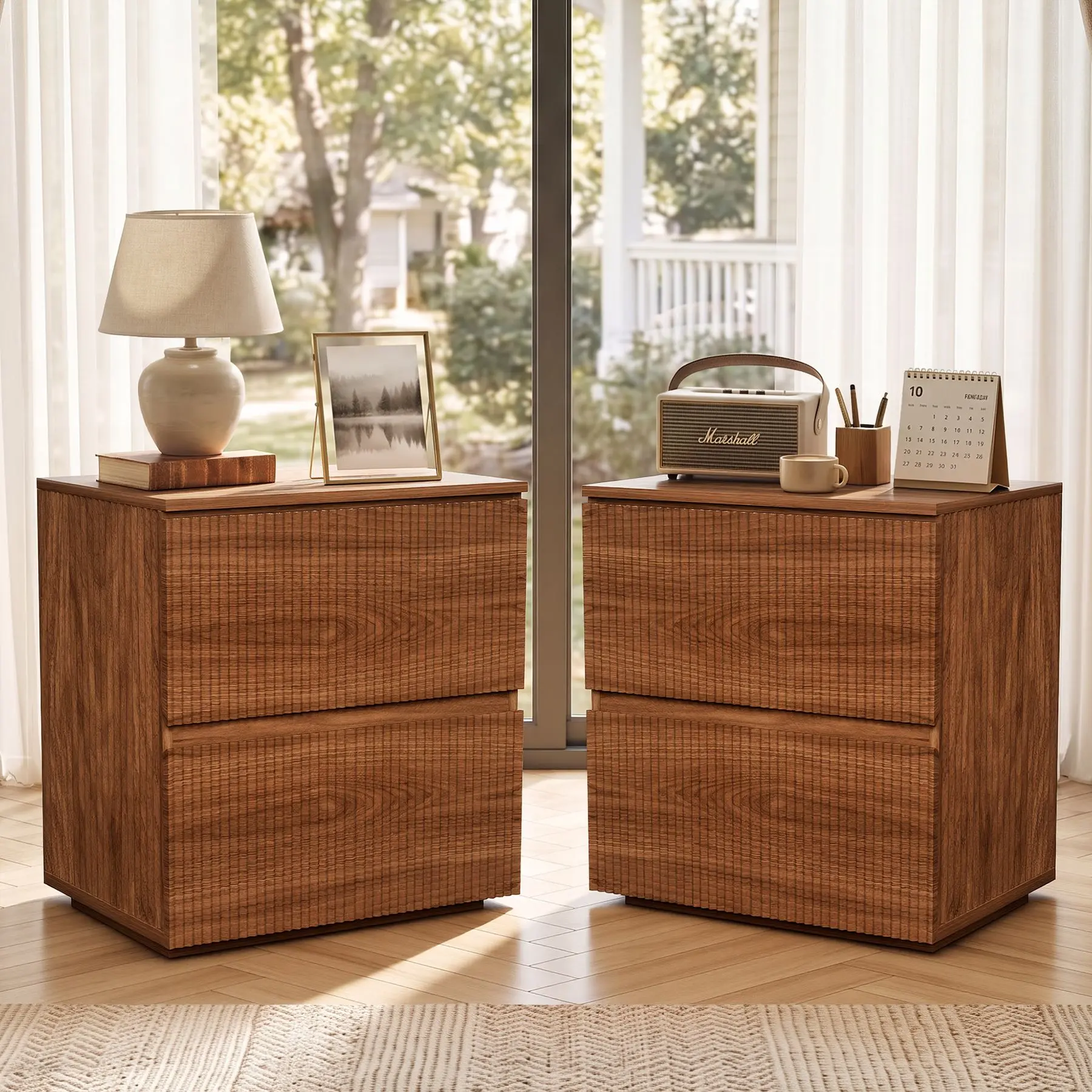 Modern Wooden 2‑Drawer Bedside Nightstand with Storage, Single or Set of 2 for Bedroom