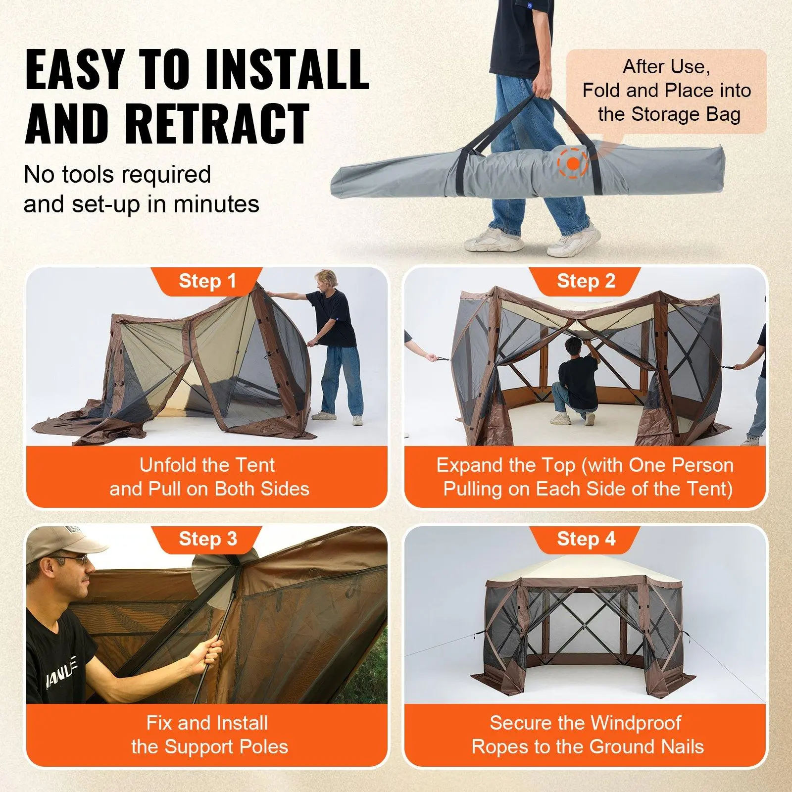 【SummerFinds】Camping Gazebo Screen Tent, 12*12ft, 6 Sided Pop-up Canopy Shelter Tent with Mesh Windows, Portable Carry Bag, Stakes, Large Shade Tents for Outdoor Camping, Lawn and Backyard, Brown/Beige