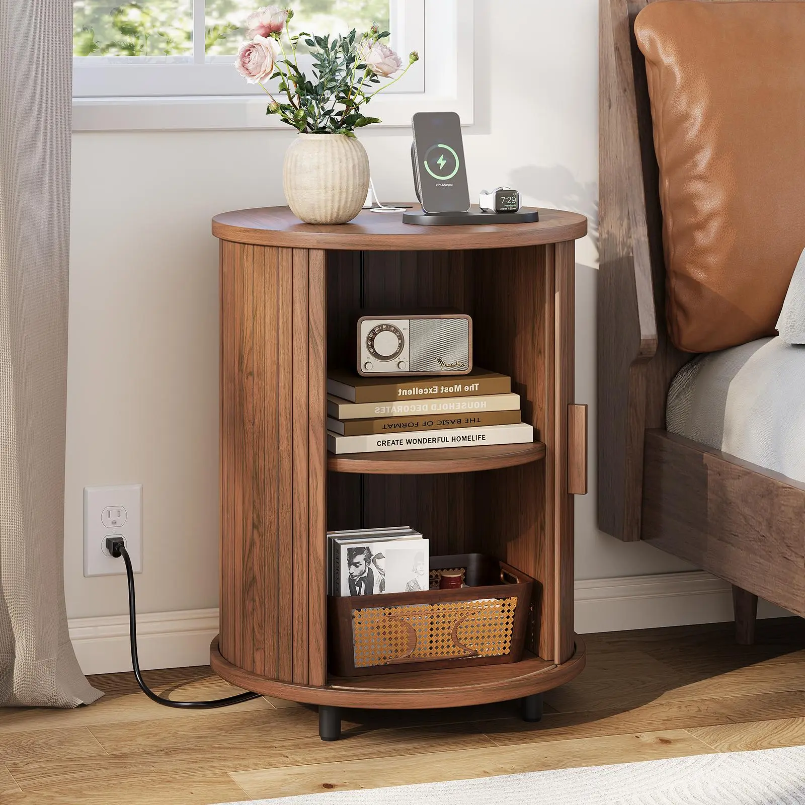 Mid‑Century Round Nightstand Set of 2, End Table with Charging Station, Sliding Door & 2‑Tier Storage for Home Use