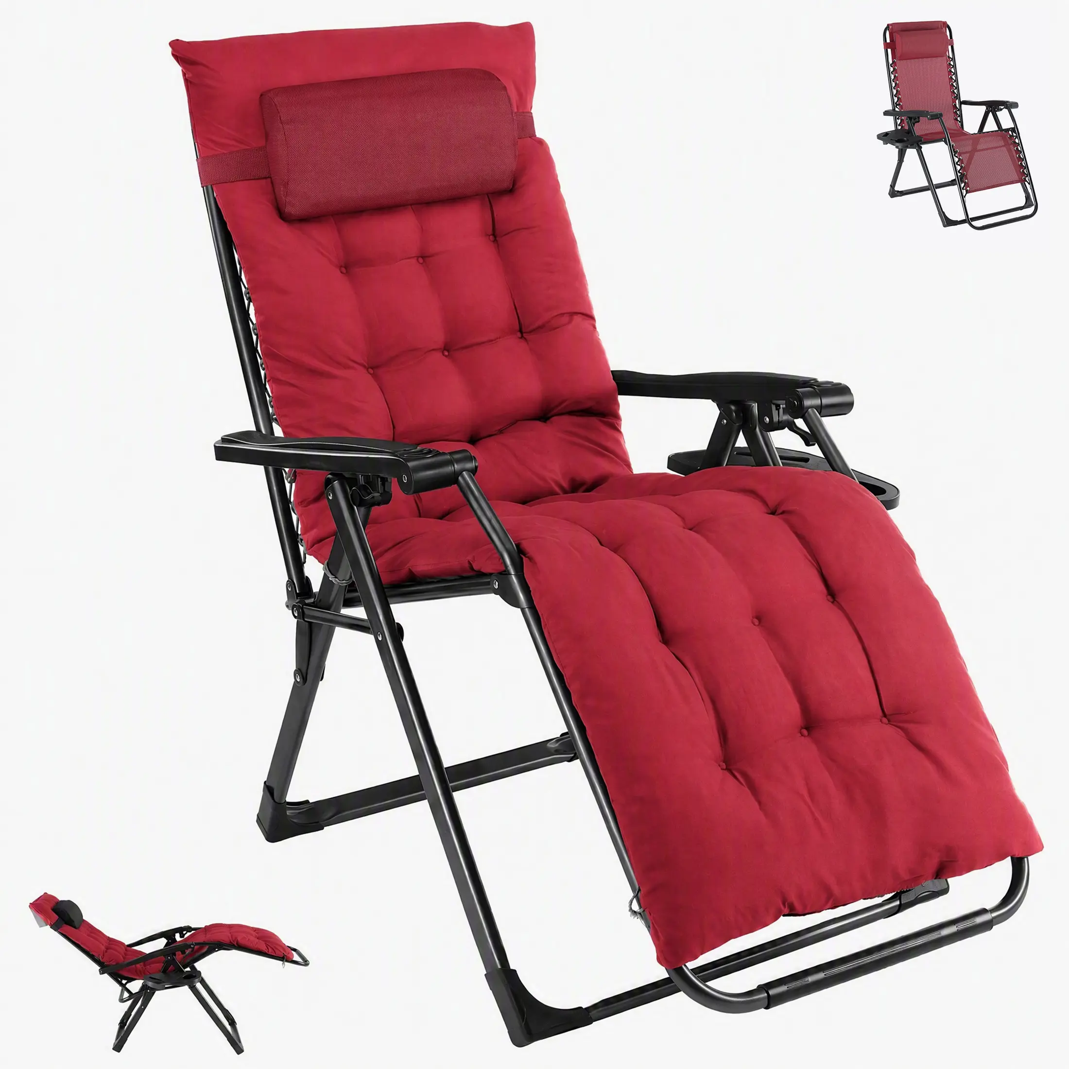 HULIABU Zero Gravity Reclining Outdoor Chair, Foldable Patio Lounge Chair with Adjustable Backrest, Metal Frame, Removable Cushion & Cup Holder Trays for Poolside, Backyard & Garden