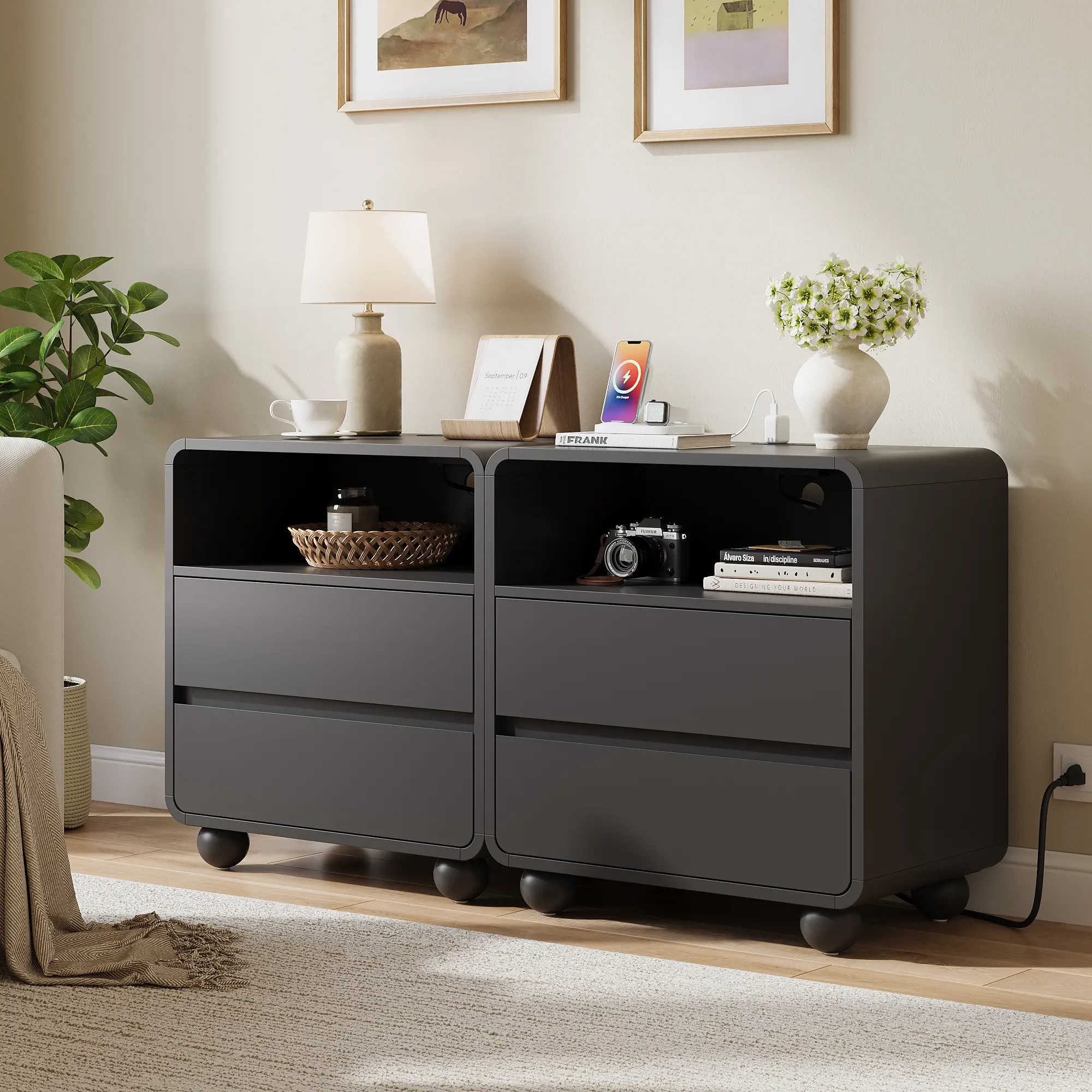 Curved Wooden Nightstand with Charging Station | 2 Drawers & Open Shelf