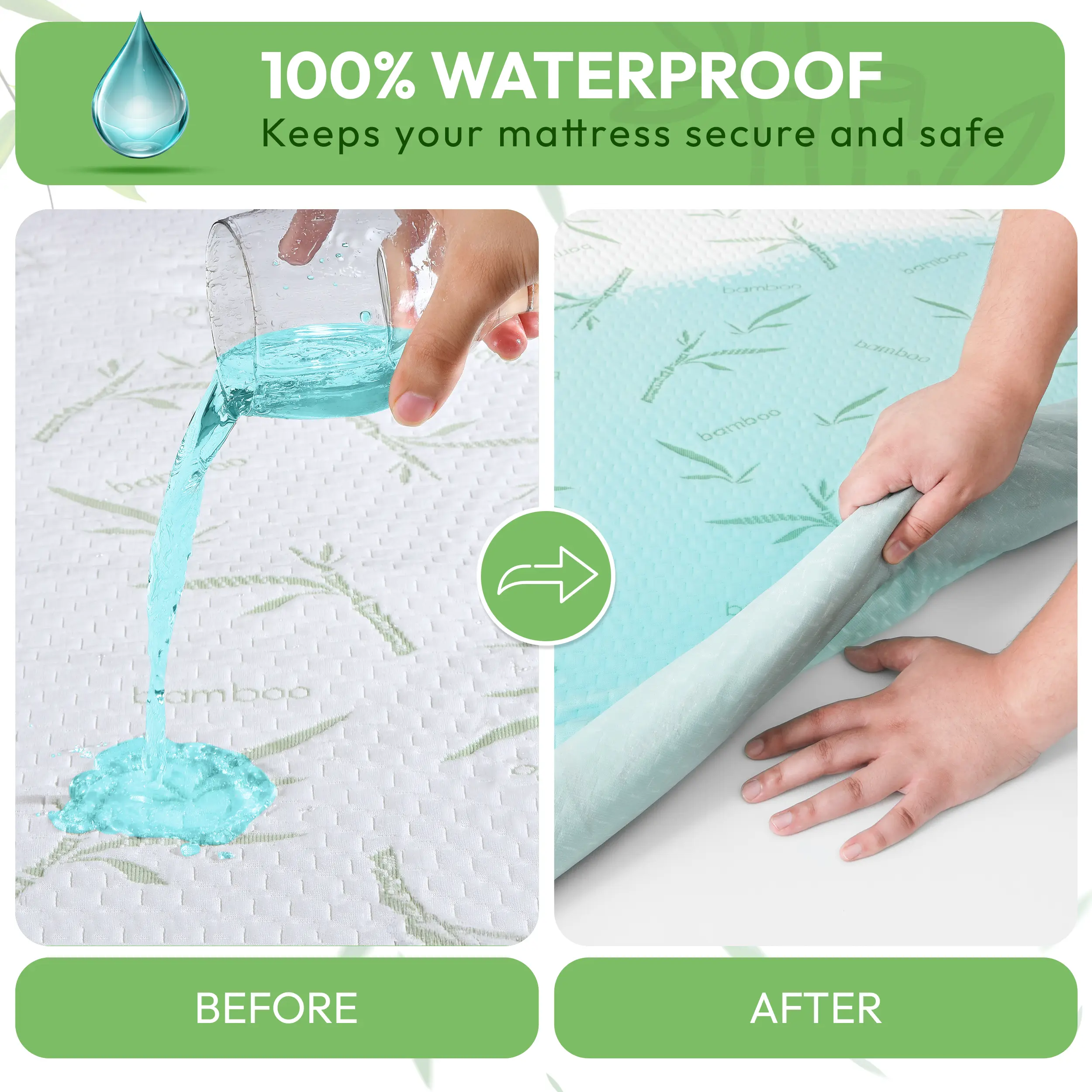 Bamboo Waterproof Mattress Protector – Cooling Quilted Soft Breathable Skin-Friendly Noiseless Mattress Cover, Elastic Fitted with 16” Deep Pocket, Durable & Easy-Care Bedding Protection Natural Fiber Topper