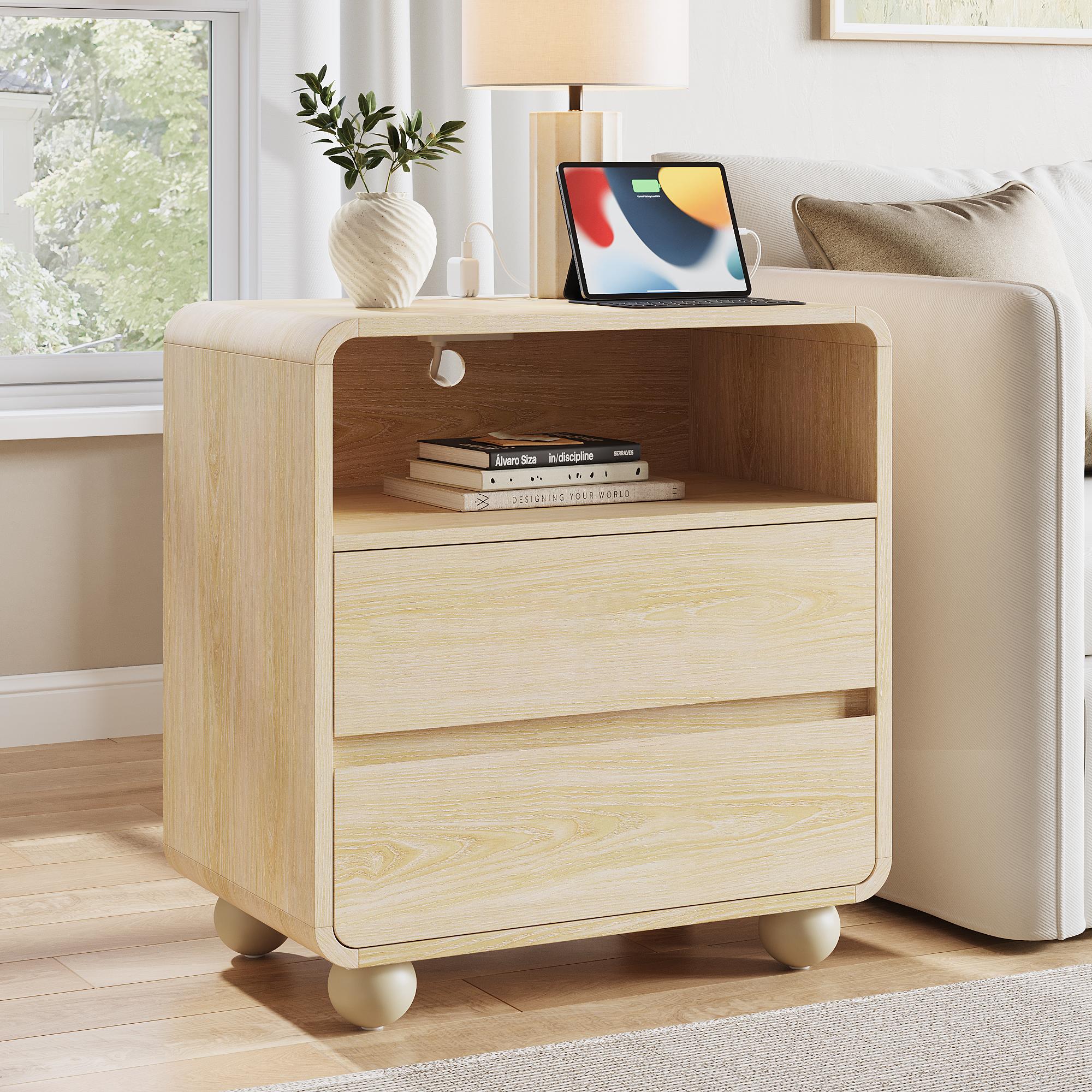 Aowos Nightstand, 23.6" Wide Large Bedside Table, Curved Wooden End Table with Charging Station, 2 Storage Drawers & Open Shelf, Bedroom Living Room, Panel End Tables for Bedroom & Living Room, Bedside Cabinet with USB Ports, Natural, Black, White