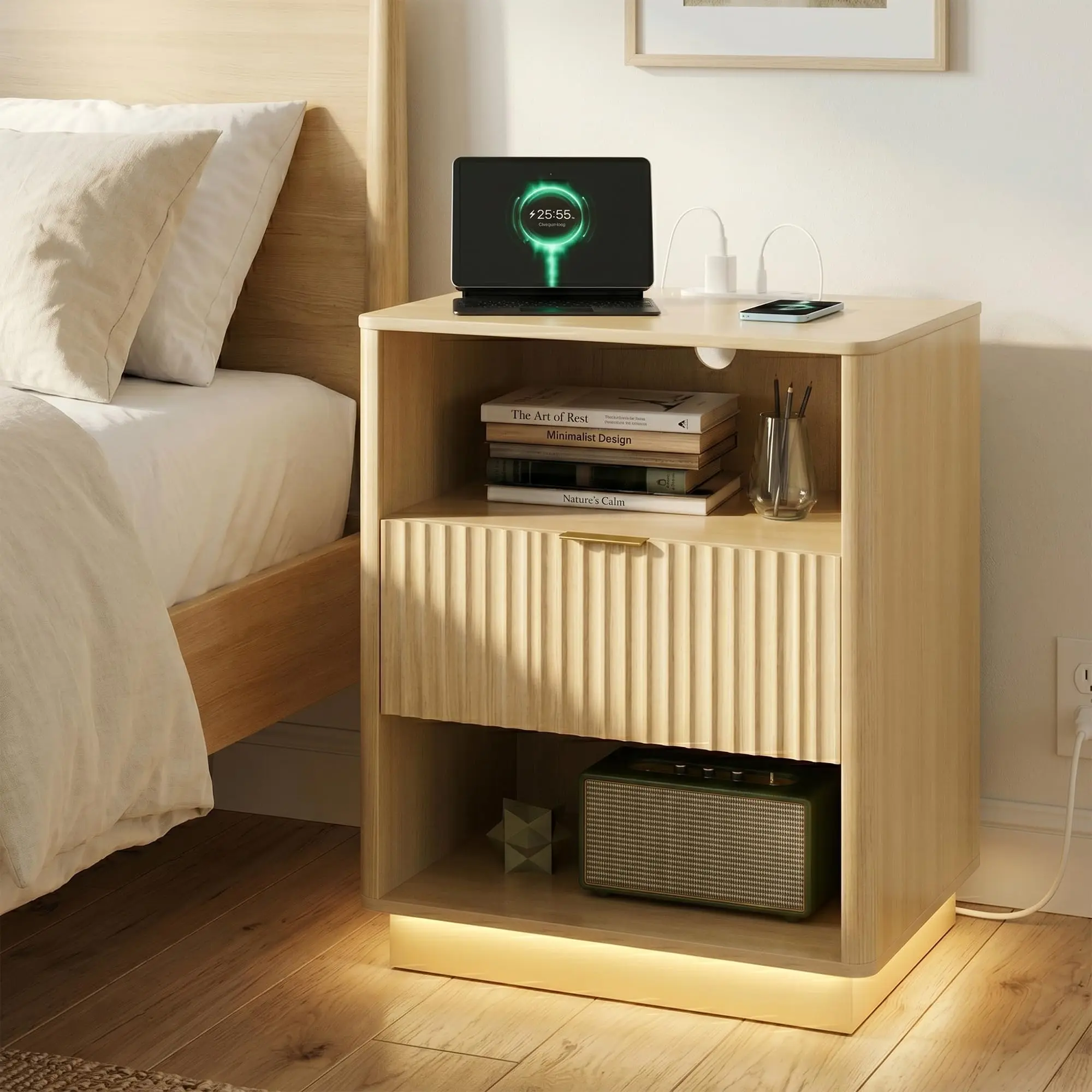 Modern Fluted Bedside Table with Built‑in Charging Ports & LED Light, Solid Wood Nightstand with Drawer, Mid‑Century End Table for Bedroom & Living Room