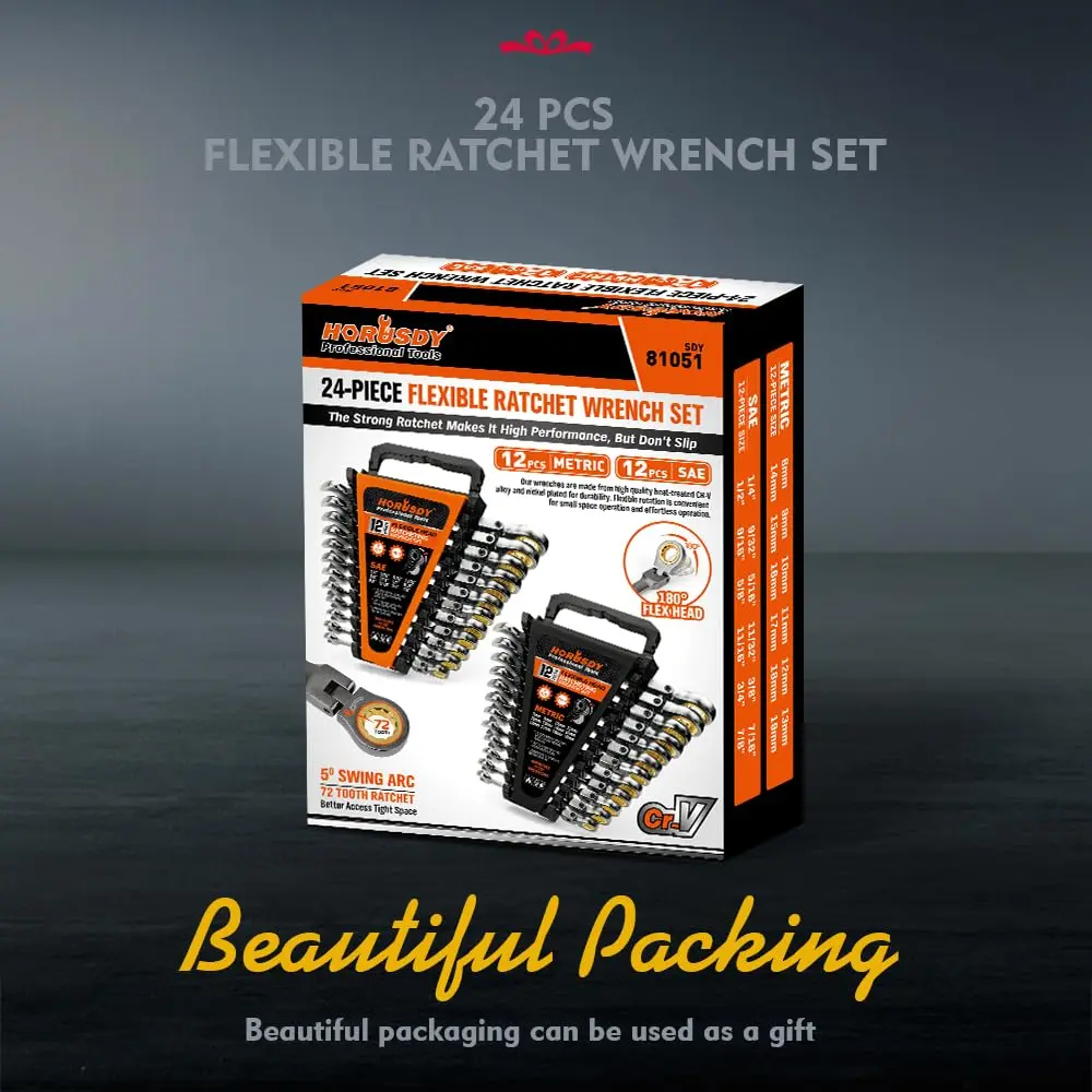 24PC Flex-Head Ratcheting Wrench Set | Metric and SAE | Ratchet Combination Wrenches Set with Organizer | 72-Teeth | Chrome Vanadium Steel Hardware, Gift, Spring Glow Up