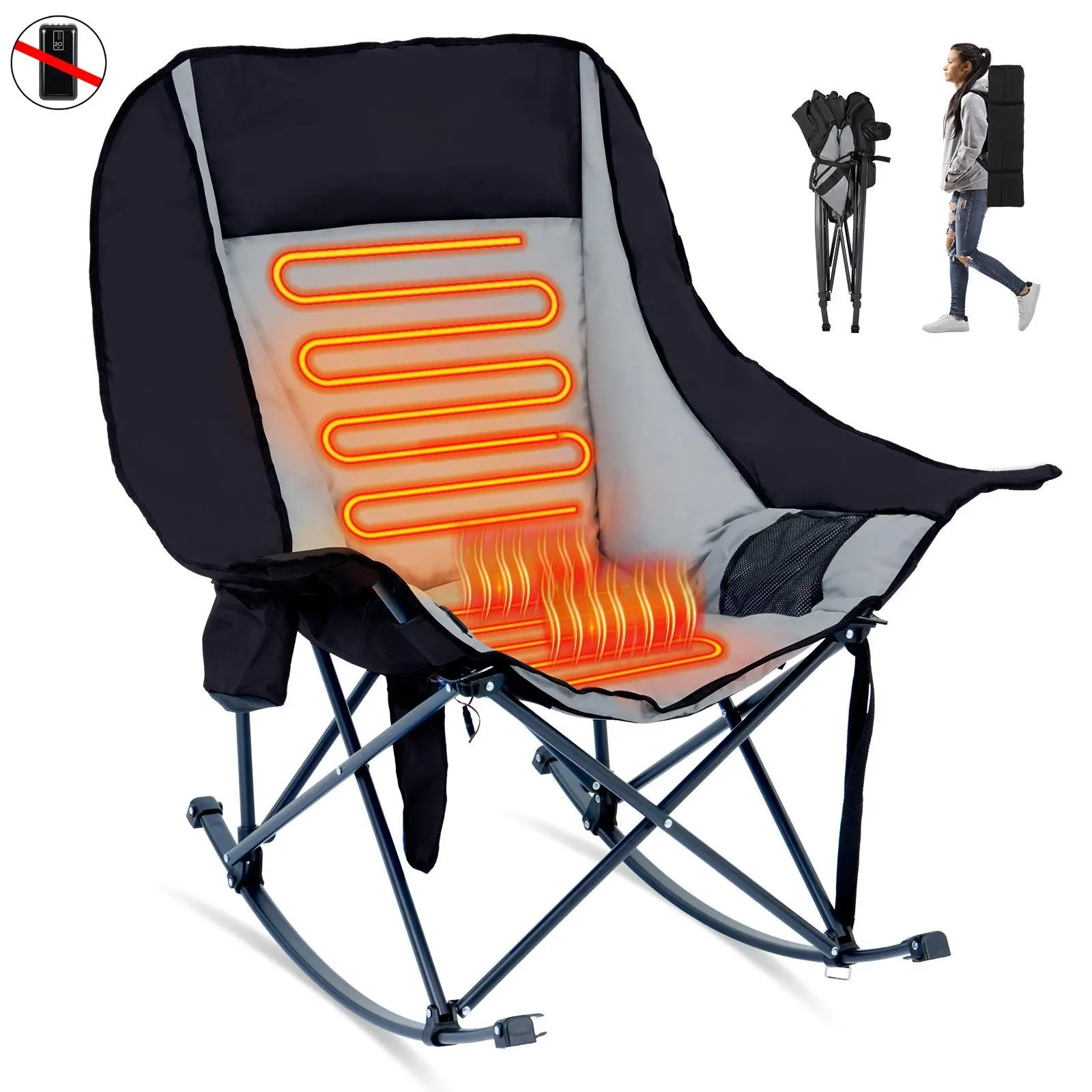 Oversized Folding Rocking Camping Chair, Fully Padded Outdoor Lounge Chair with Built‑in Cooler & Side Pocket, Heavy‑Duty Supports up to 400 lbs for Camping & Patio Use