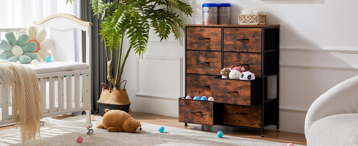 Dresser for Bedroom Drawer Dresser Organizer Storage Drawers Fabric Storage Tower, Chest of Drawers with 8 Fabric Bins, Steel Frame, Wooden Top