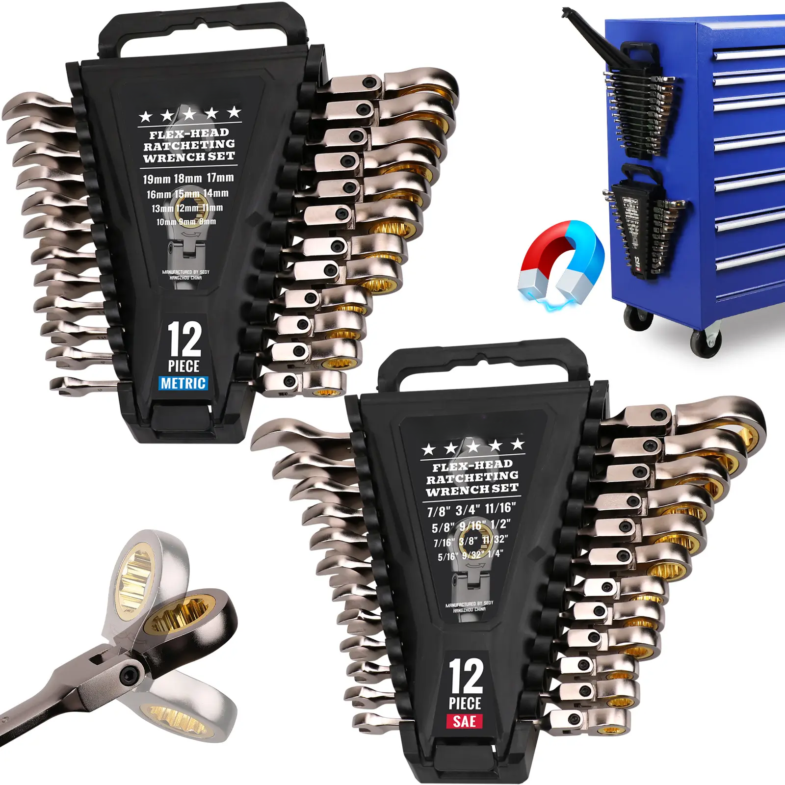 24PC Flex-Head Ratcheting Wrench Set | Metric and SAE | Ratchet Combination Wrenches Set with Organizer | 72-Teeth | Chrome Vanadium Steel Hardware, Gift, Spring Glow Up