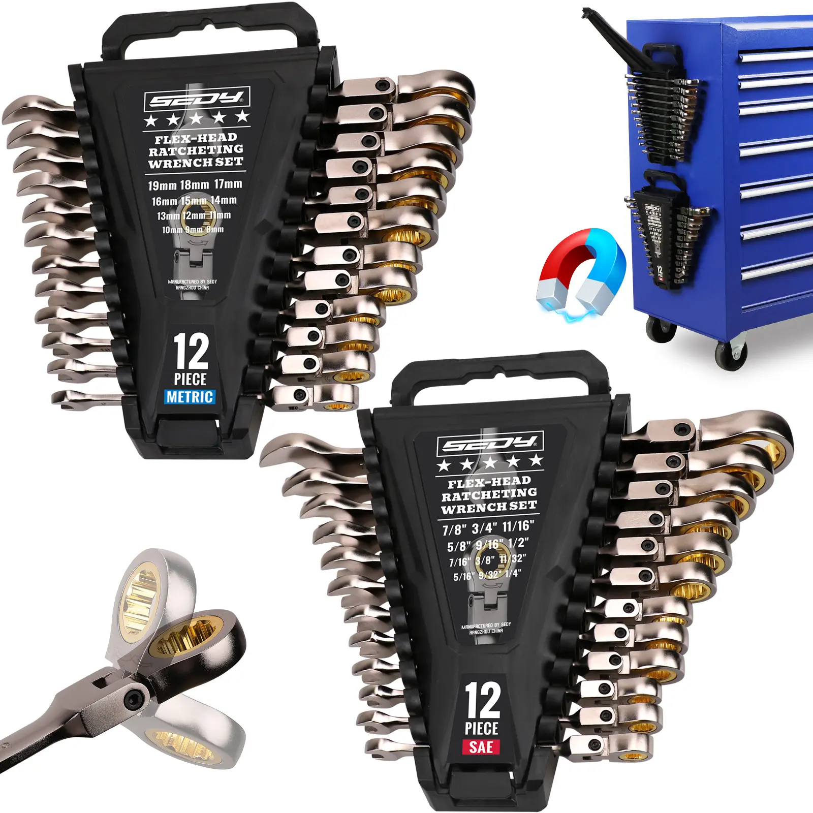 24PC Flex-Head Ratcheting Wrench Set | Metric and SAE | Ratchet Combination Wrenches Set with Organizer | 72-Teeth | Chrome Vanadium Steel Hardware, Gift, Spring Glow Up