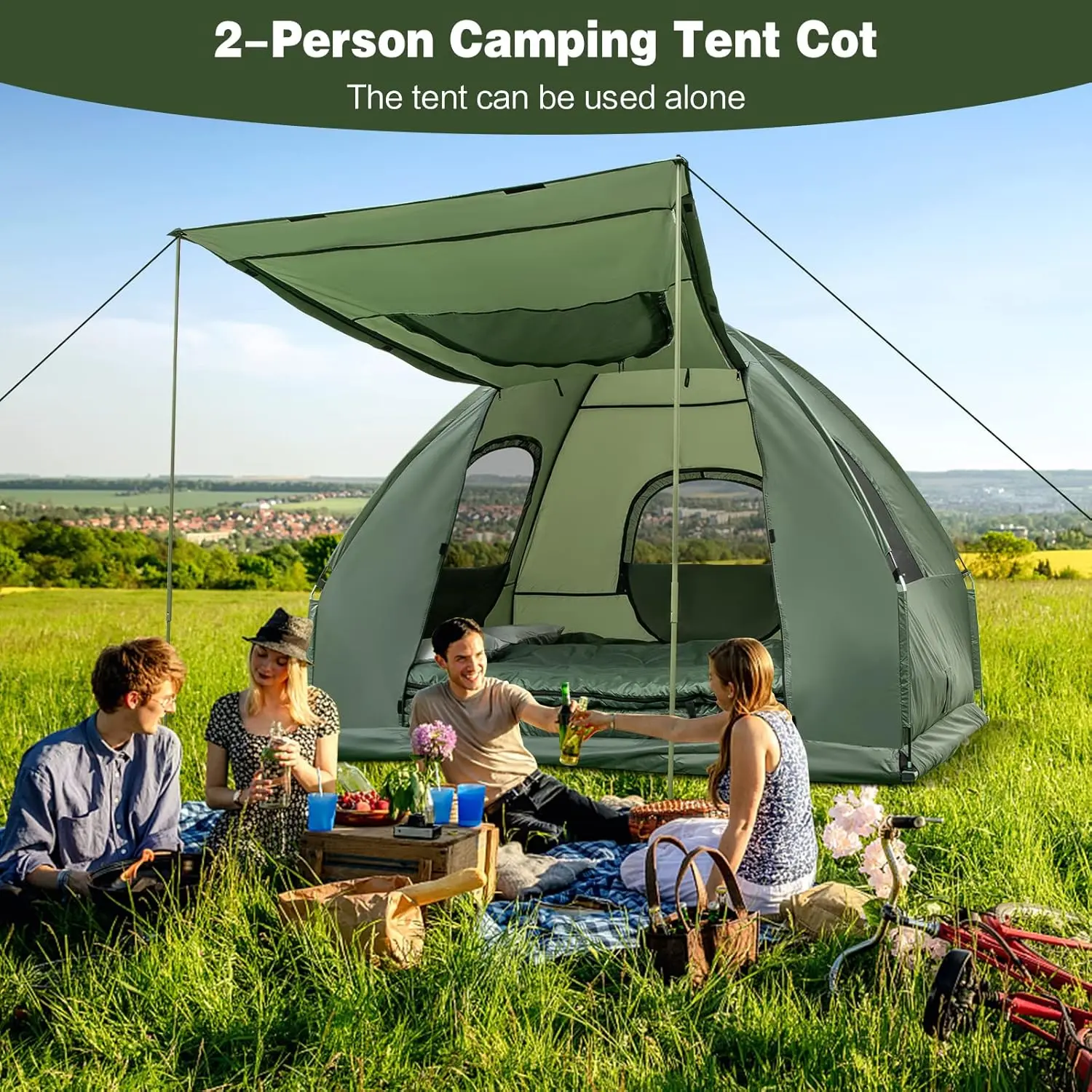 5-in-1 Tent Cot, Camping Tent Combo with Awning, Air Mattress, Sleeping Bag, Air Pillow, Camping Cot, with Carrying Bag for Outdoor Hiking