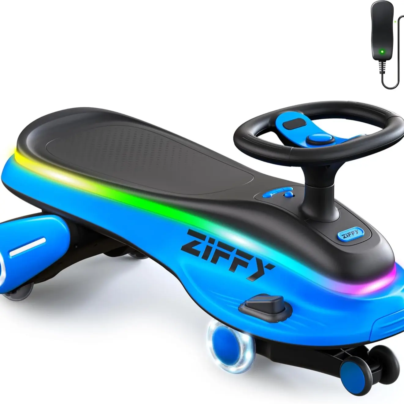 ZIFFY 45W 5.5A Light-Up Electric Wiggle Car with Pedal, Rechargeable Battery, 2-in-1 Swing Car, 2 Speed Ride-On Toy, Anti-Rollover, Flashing Wheels for Ages 3+ (Up to 110 lbs)