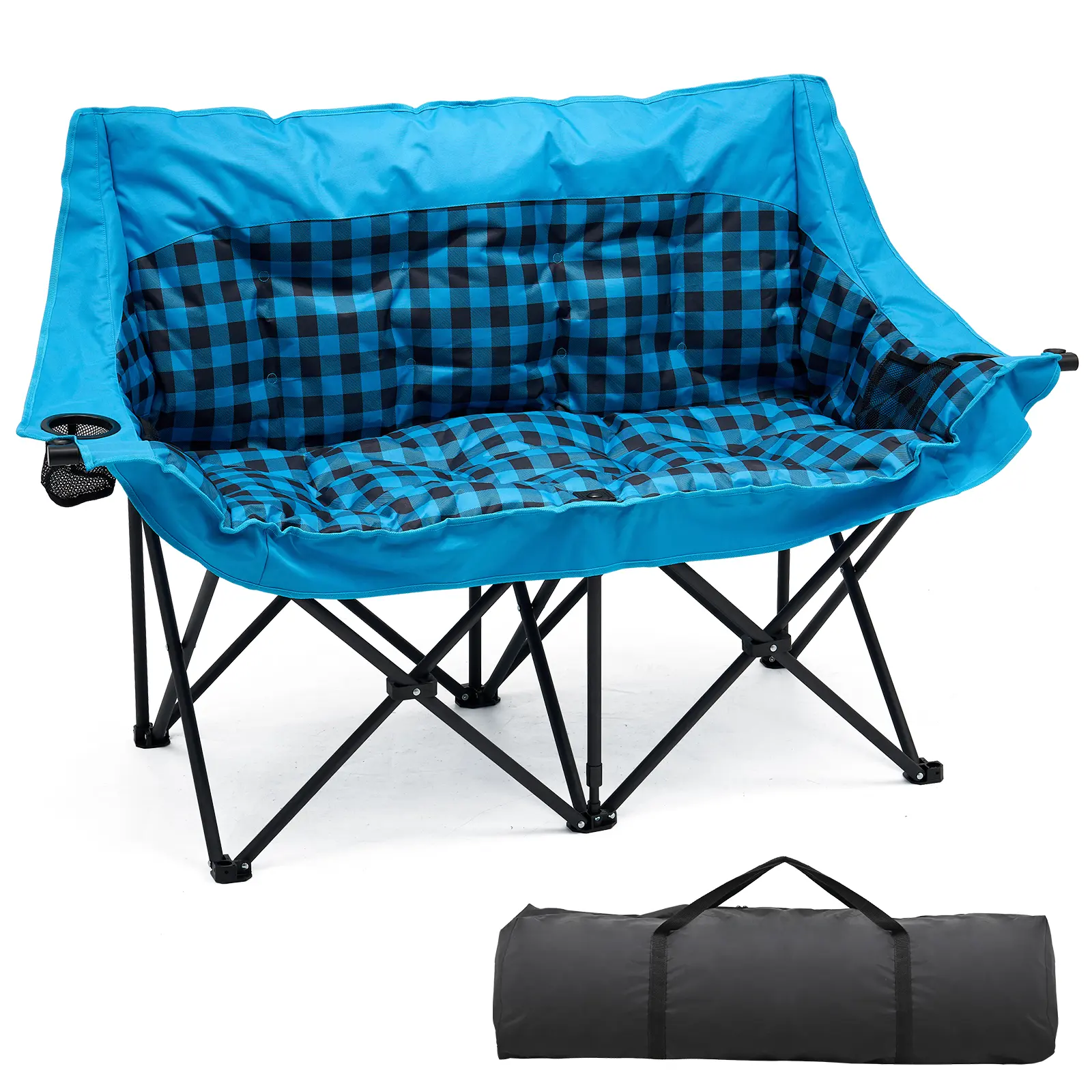 2-Person Oversized Folding Camping Loveseat, 500lbs Load Bearing Padded Outdoor Beach Chair, Portable Collapsible Oxford Fabric Chair for Garden Lawn