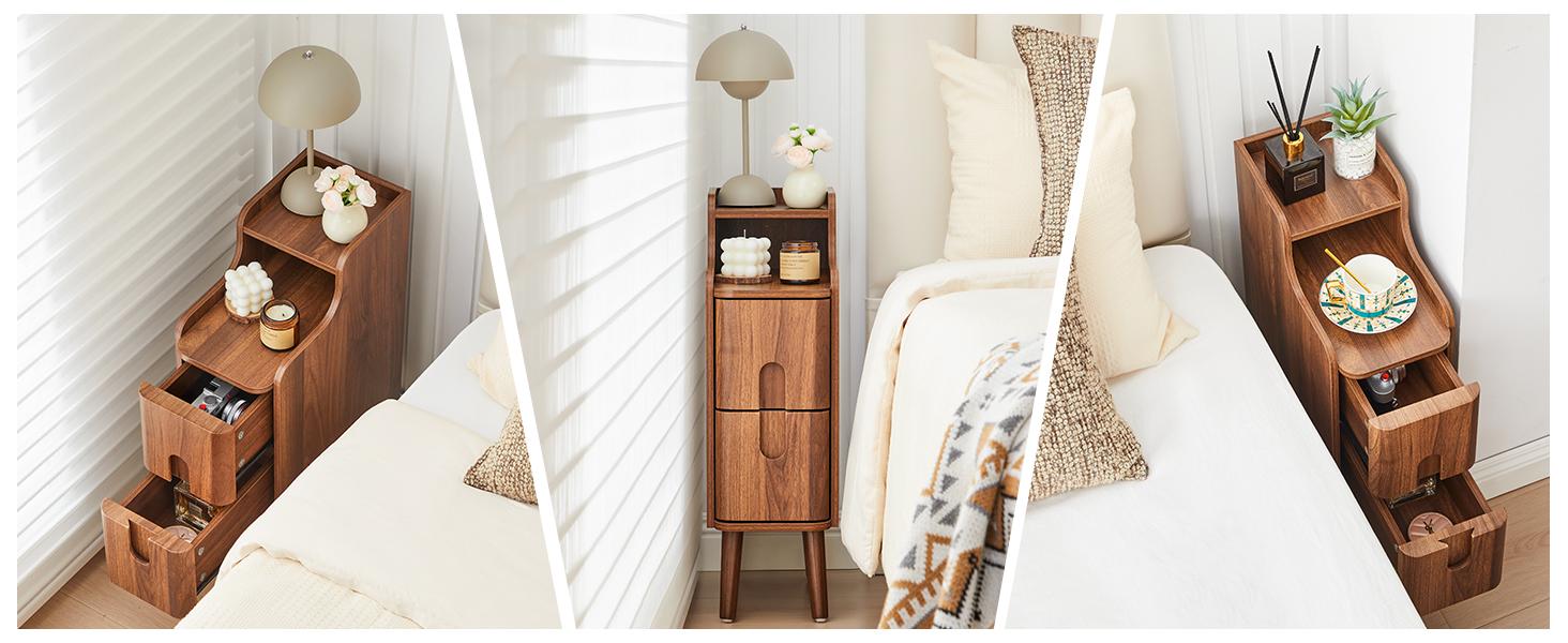 FurSch Narrow Wooden End Table with 2 Drawers, Small Nightstand for Bedroom, Compact Vintage Side Table for Living Room or Small Spaces