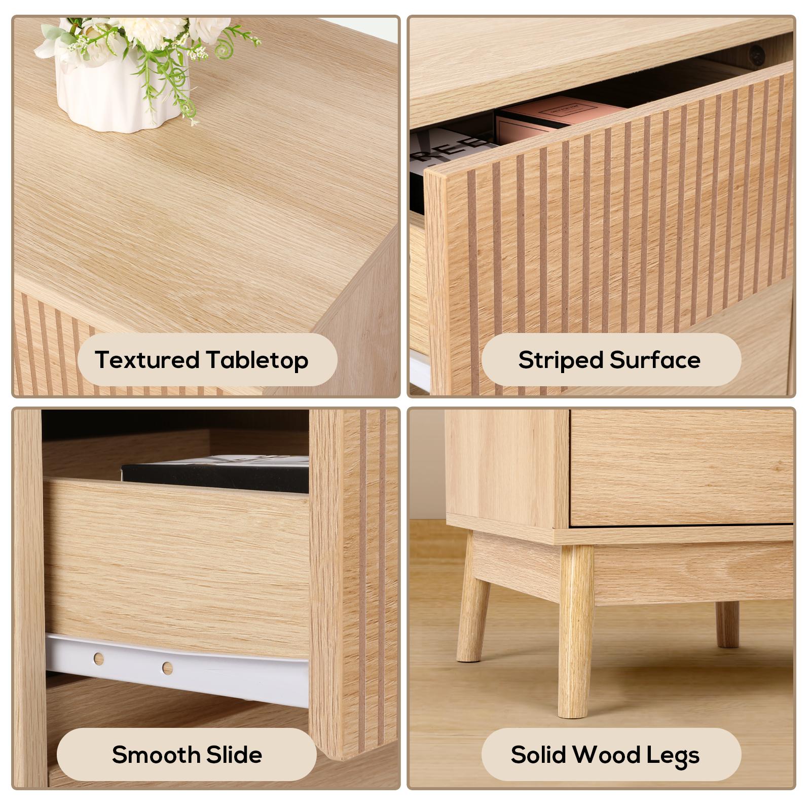 VOWNER Fluted Wooden Nightstand, End Table with 2 Drawers and Solid Wood Legs, Beside Table with Storage for Bedroom, Living Room