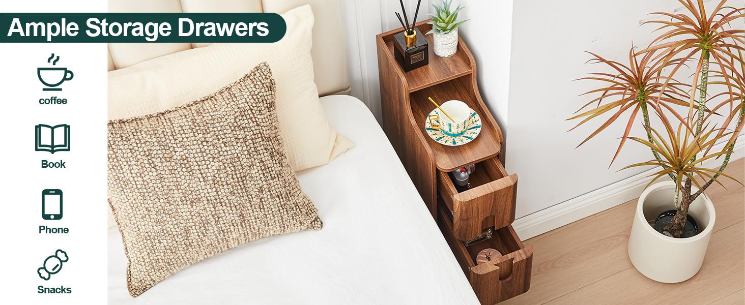 FurSch Narrow Wooden End Table with 2 Drawers, Small Nightstand for Bedroom, Compact Vintage Side Table for Living Room or Small Spaces