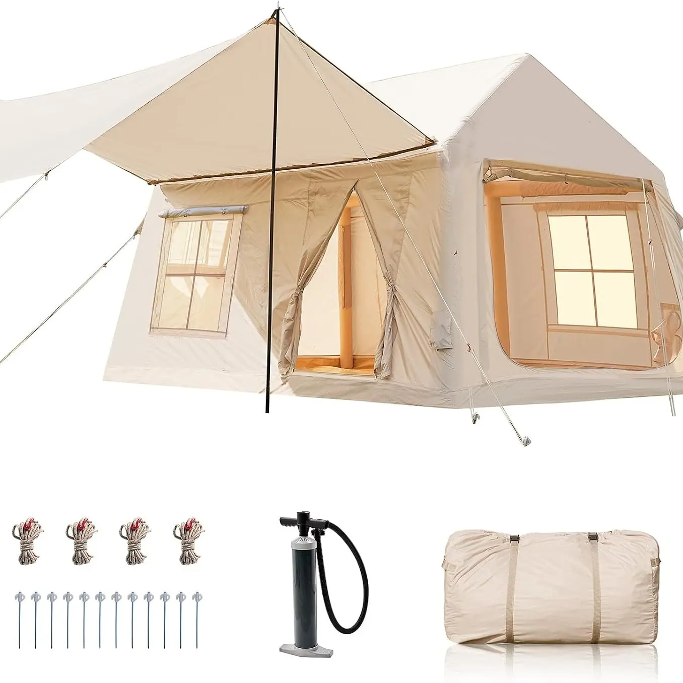 DoCred Large Inflatable Camping Tent with Pump, Glamping Tents with Stove Jack, Easy Set up 4 Season Waterproof Windproof Outdoor Gazebo, Luxury Cabin Tent with Removable Mesh Windows & Doors for Beach, Backyard, Sleepovers, Camping