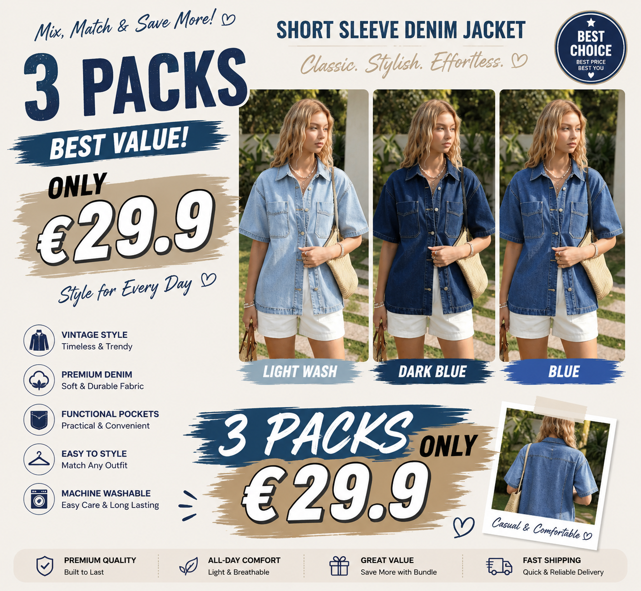 Short Sleeve Denim Jacket for Women, Classic Button Down Denim Jacket with Chest Pockets