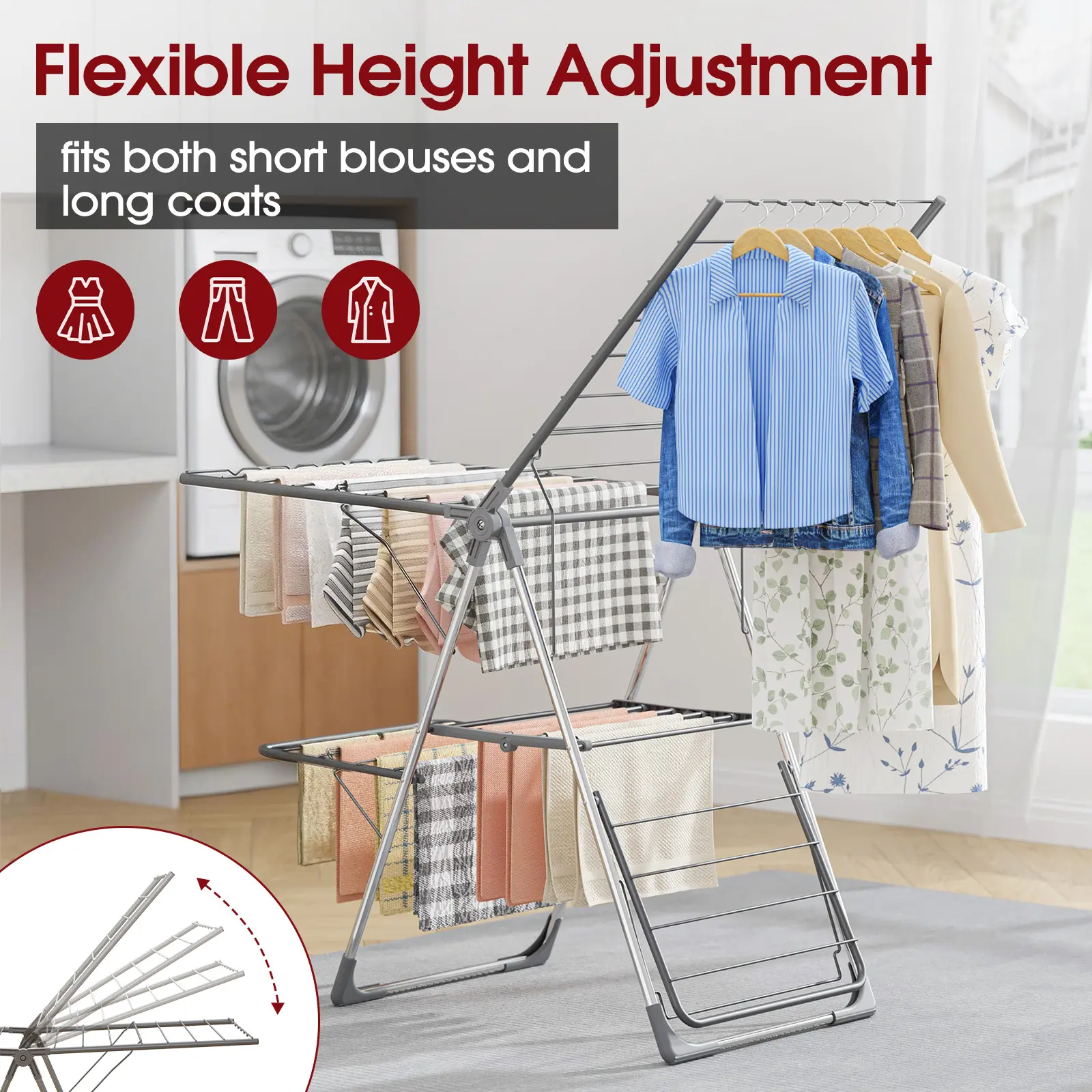 HULIABU Foldable Clothes Drying Rack, Freestanding Laundry Airer with Multiple Hanging Bars, Space-Saving Collapsible Drying Stand for Indoor & Outdoor Use