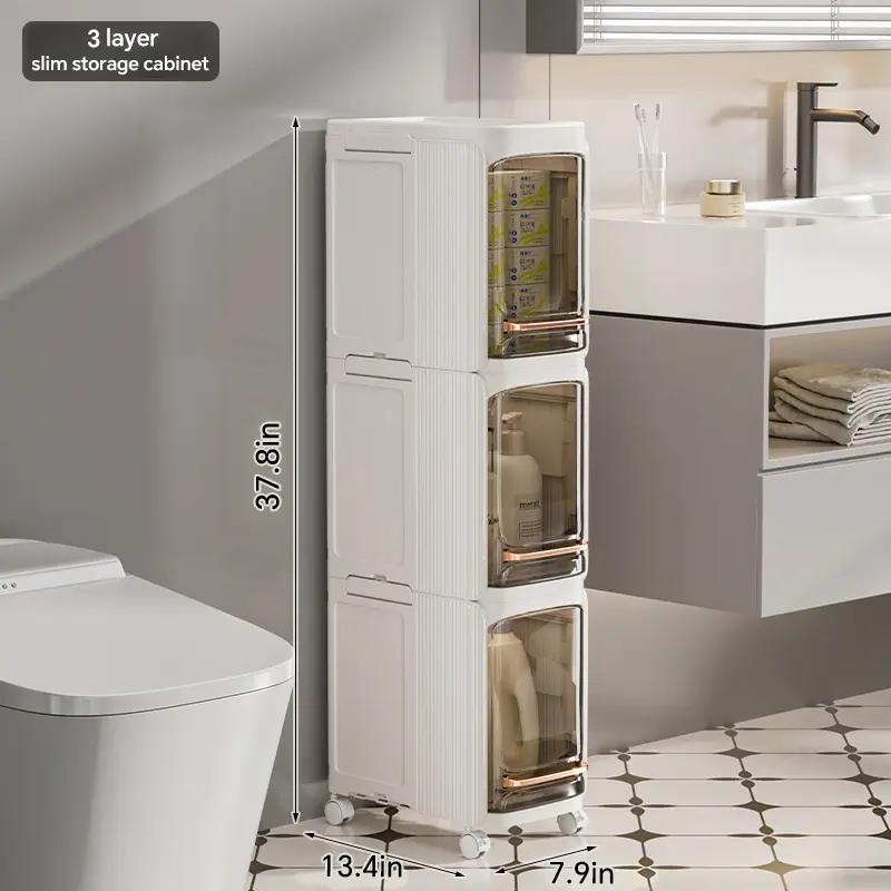 HULIABU 5-Layer Tall Narrow Plastic Storage Organizer - Slim Rectangular Cabinet with Doors, Adjustable Shelves, Wheels, Stackable Foldable Design, Under Sink Organization, Compartments, Ideal for Small Spaces, Renters,dorm essentials,home decor
